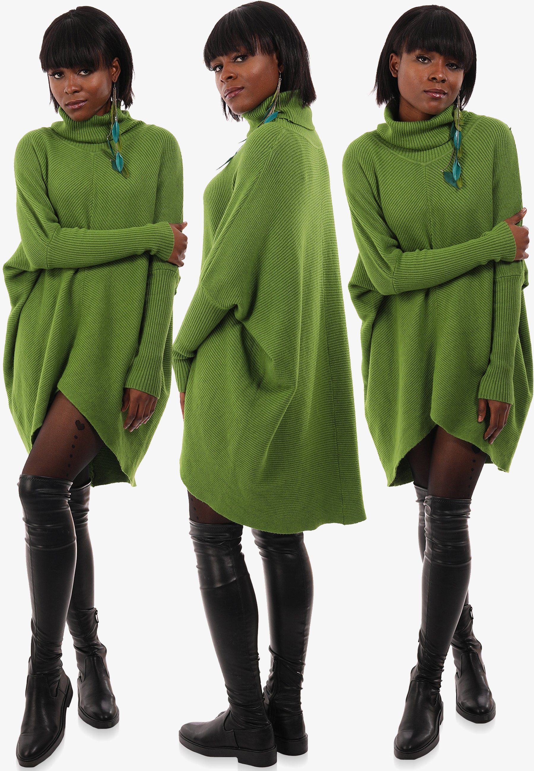 Plus (1-tlg) in YC Strickpullover Rollkragen Longpullover mit asymmetrisch & limegreen mit Size überschnittenen Unifarbe, Fashion Style Schultern
