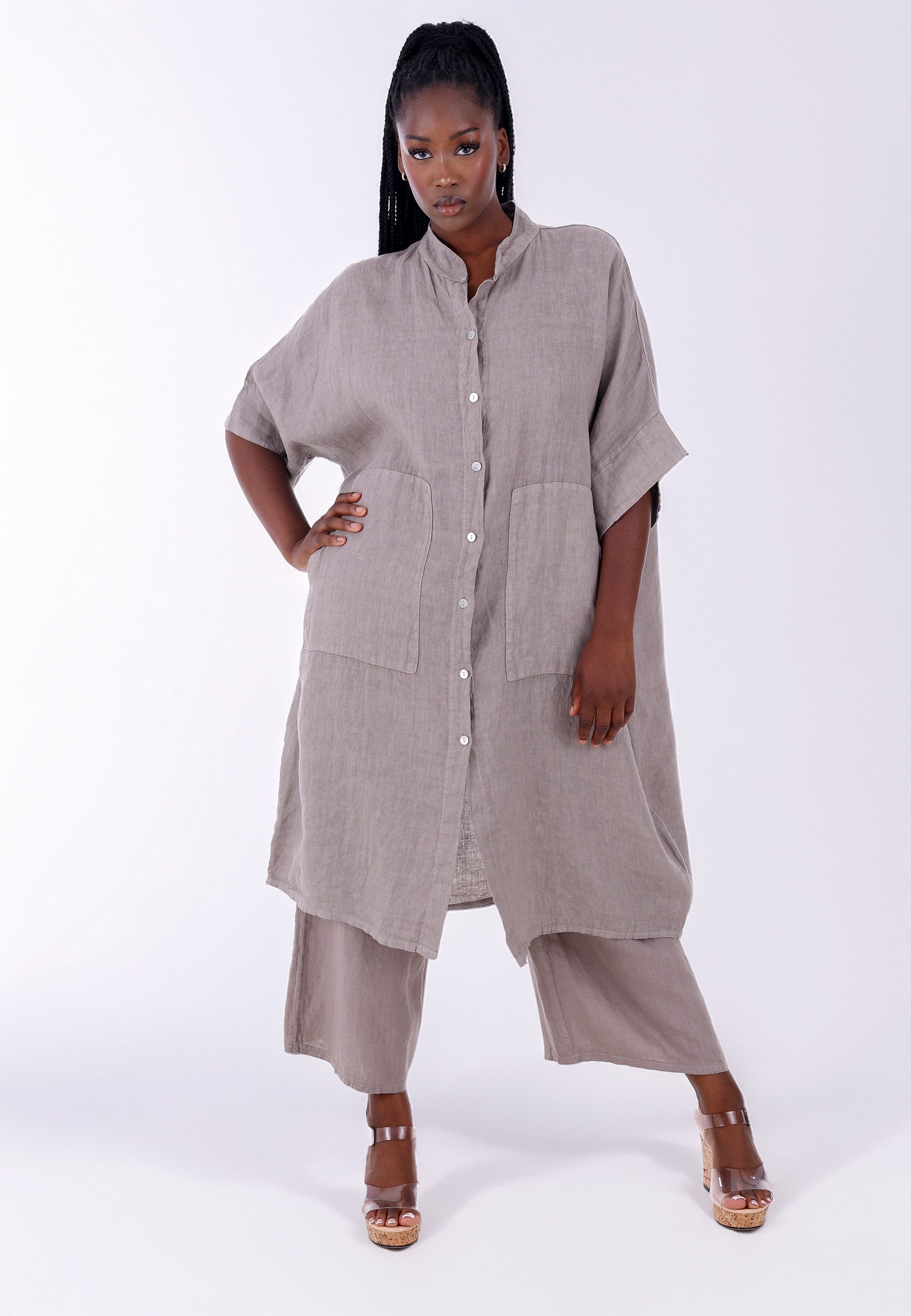 Hemdblusenkleid Leinen-Blusenkleid in Plus Size – Oversized mit Knopfleiste & Taschen