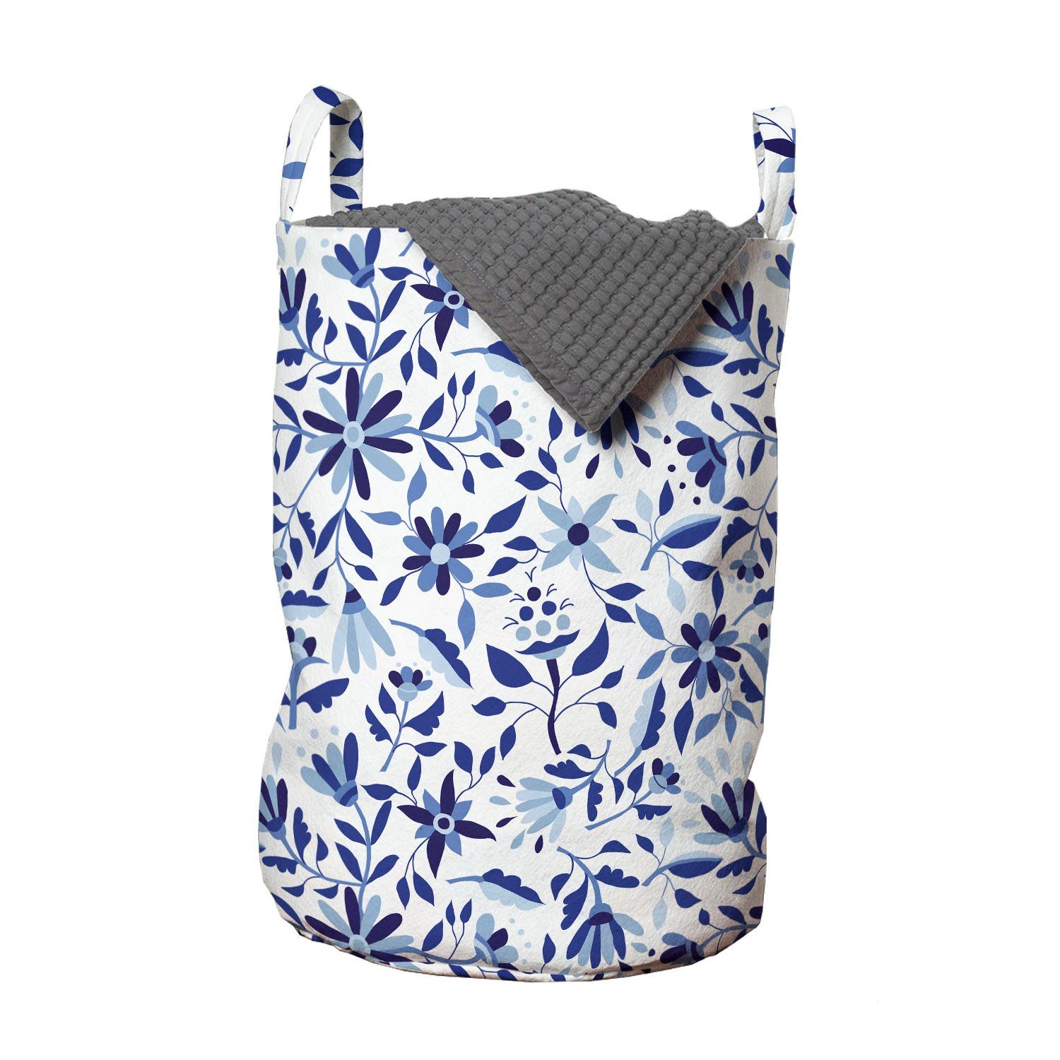 Abakuhaus Wäschesäckchen Wäschekorb mit Griffen Kordelzugverschluss für Waschsalons, Blau Moderne Blumen-Blatt-Knospen