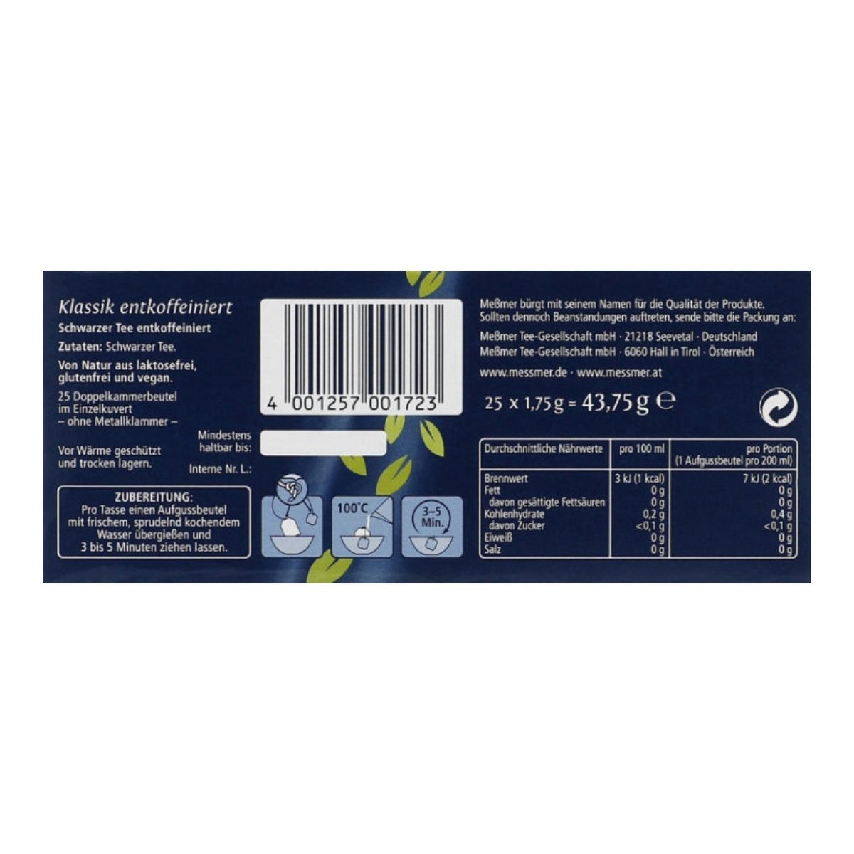 Meßmer Tee, Meßmer Klassik Schwarztee entkoffeiniert fein aromatisch 43g