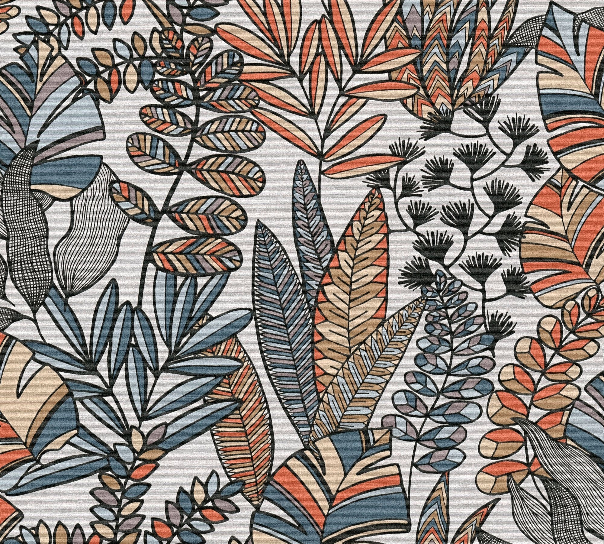 A.S. Création Vliestapete Antigua Tapete Floral, geprägt, matt, (1 St), Pflanzen Tapete mit Blättern Retro Bunt bunt,orange,blau