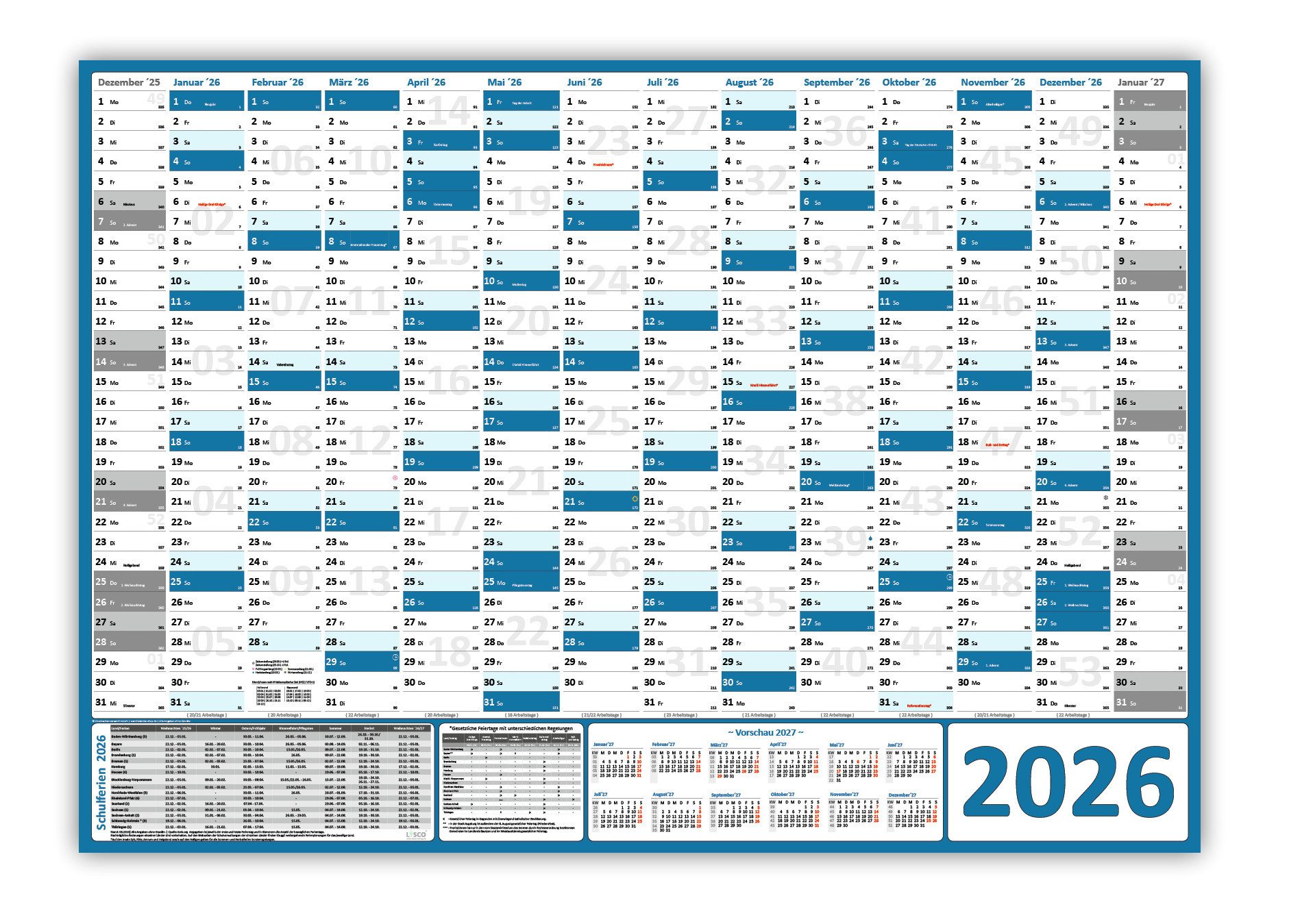 LYSCO Wandkalender Wandplaner DIN A0 / DIN A1 2026 (blau), Formate: DIN A0 (841 x 1189 mm) / DIN A1 (594 x 841 mm) Darstellung 14 Monate mit Jahresvorschau Folgejahr, und Ferientermine / Feiertage aller Bundesländer