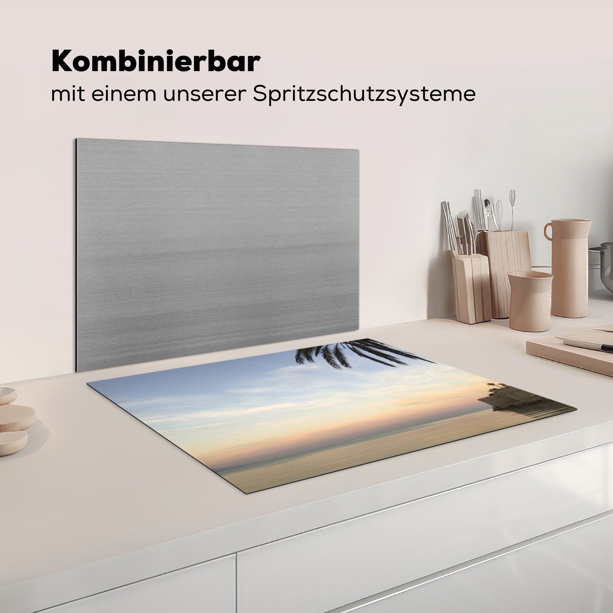 - Arbeitsfläche tlg), Sonne, nutzbar, Herdblende-/Abdeckplatte MuchoWow Vinyl, Pflanzen cm, (1 70x52 Mobile - Meer Ceranfeldabdeckung