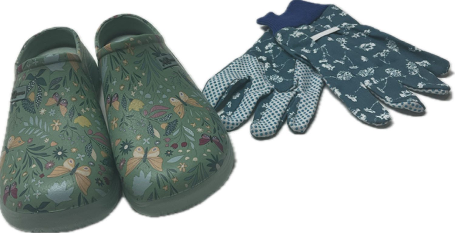 Steinnacher Bärbel Damen Gartenclogs Schmetterling mint mit passenden Gartenhandschuhen Clog