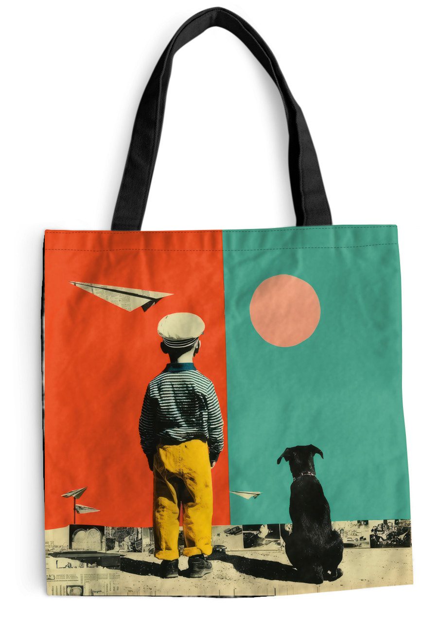 MuchoWow Shopper Retro - Junge - Hund - Rot - Grün, Handtasche, Damen und Herren, Schultertasche, Umhängetasche, Tote Bag