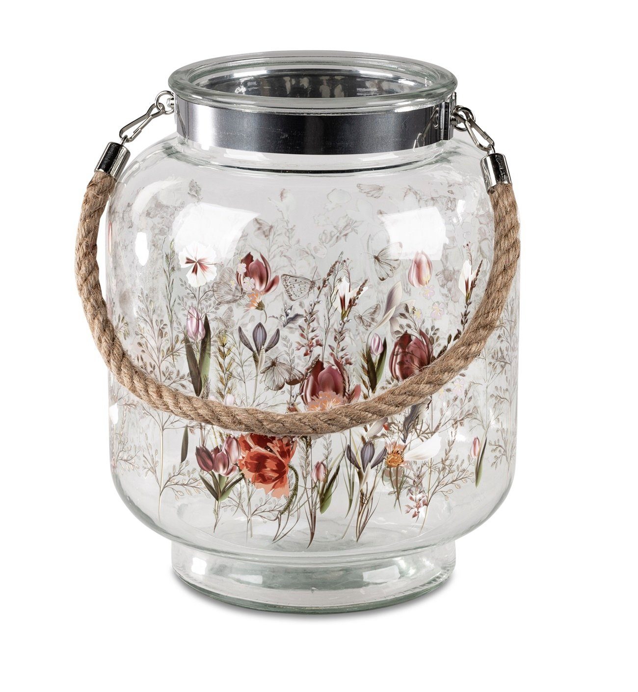 dekojohnson Windlicht Windlicht-Glas Glaslaterne Blumendekor 22x28cm
