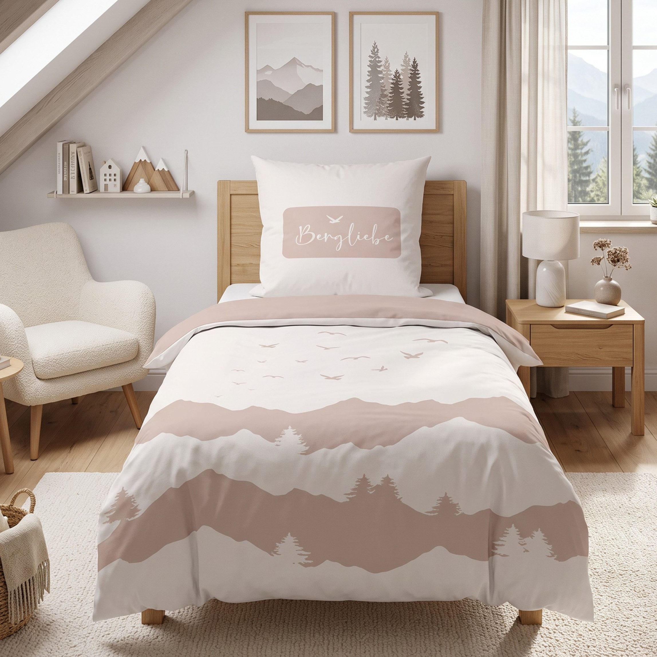 MTOnlinehandel Bettwäsche Bergliebe 135x200 cm Renforcé, Berge, Naturmotiv, 100% Baumwolle, 2 teilig, Stilvolles Bergpanorama in sanften Naturtönen