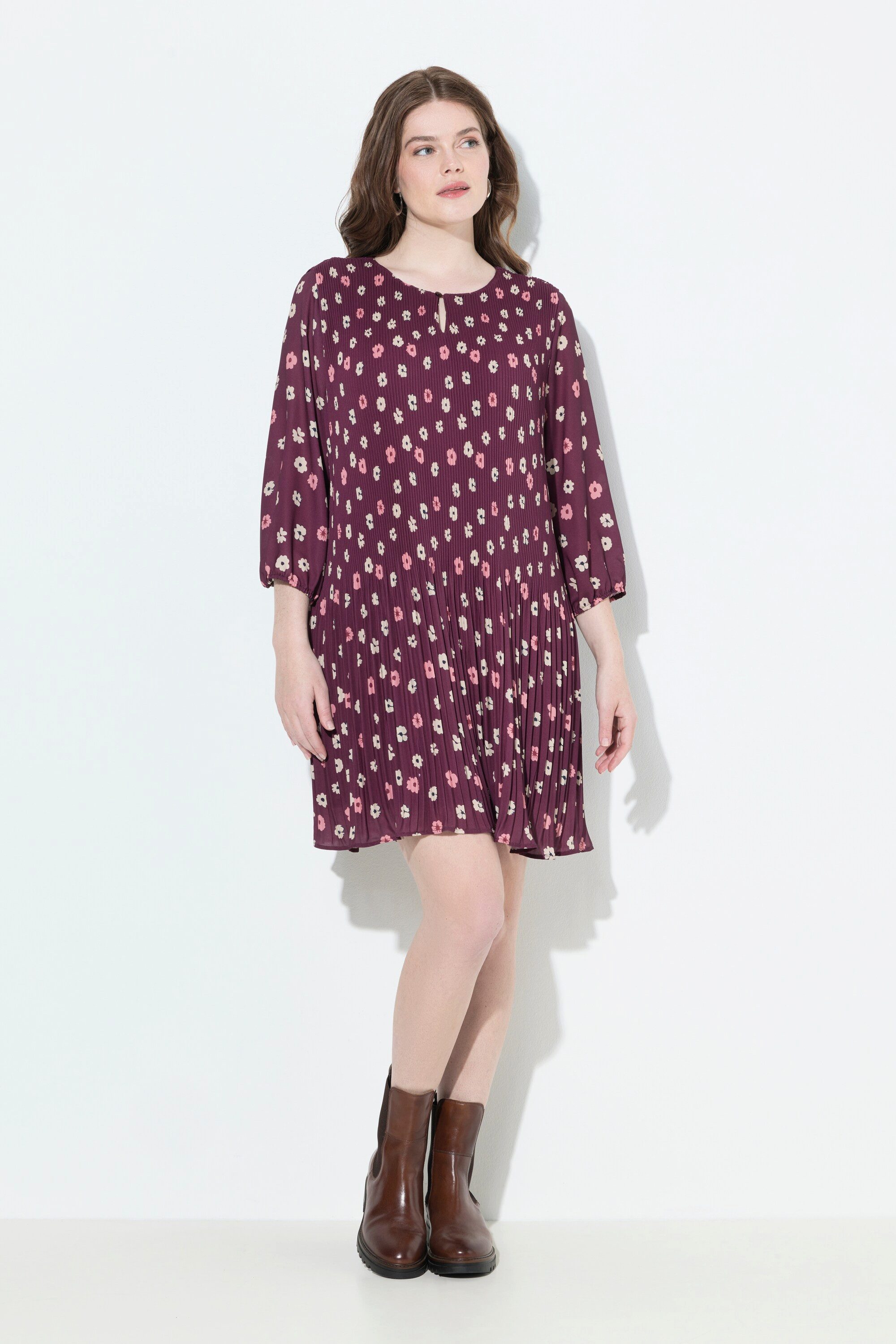 Ulla Popken Minikleid Plisseekleid Blüten doppellagig Rundhals 3/4-Arm günstig online kaufen