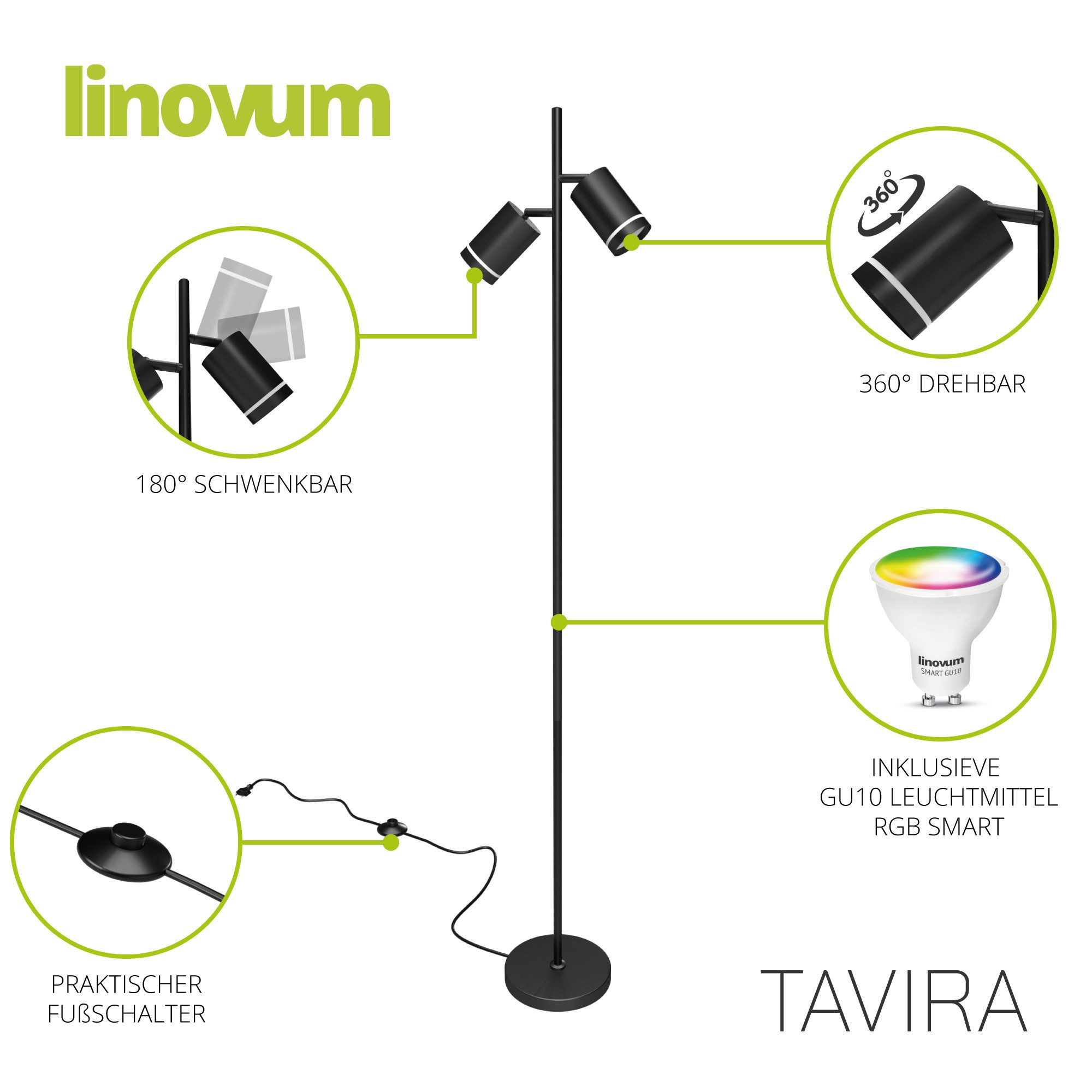 linovum LED Spiegelleuchte TAVIRA Stehlampe schwarz 2-flammig Smart GU10 LED WLAN RGB Bodenlampe, Smart