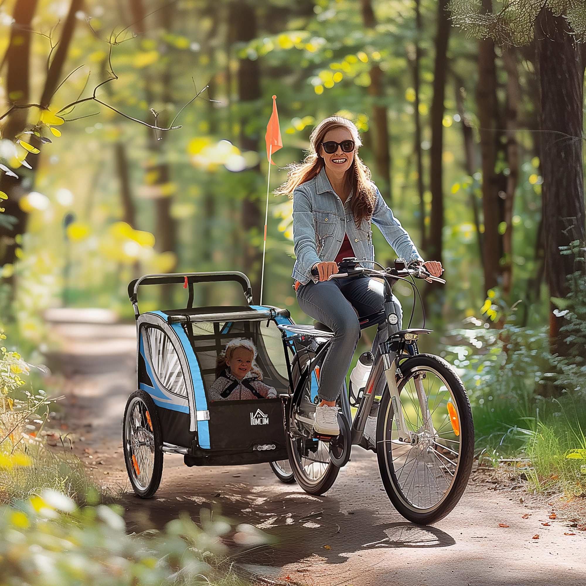 HOMCOM Fahrradkinderanhänger Kinderwagen, 5-Punkt-Sicherheitsgurt, Universalkupplung, 2-in-1 Design, faltbar