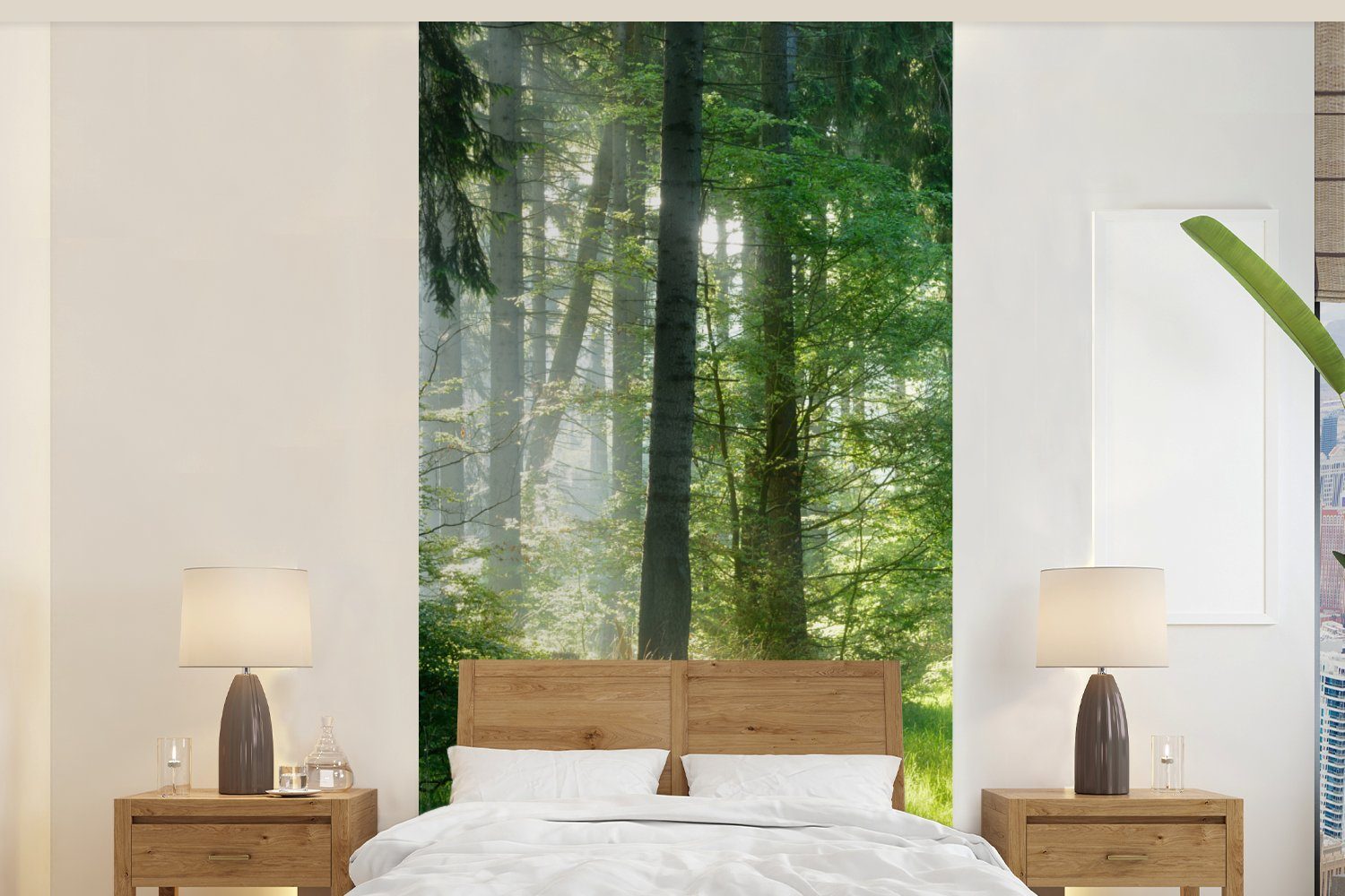 MuchoWow Fototapete Natur - Bäume - Wald - Grün - Sonne - Gras - Pflanzen, Matt, bedruckt, (2 St), Vliestapete für Wohnzimmer Schlafzimmer Küche, Fototapete