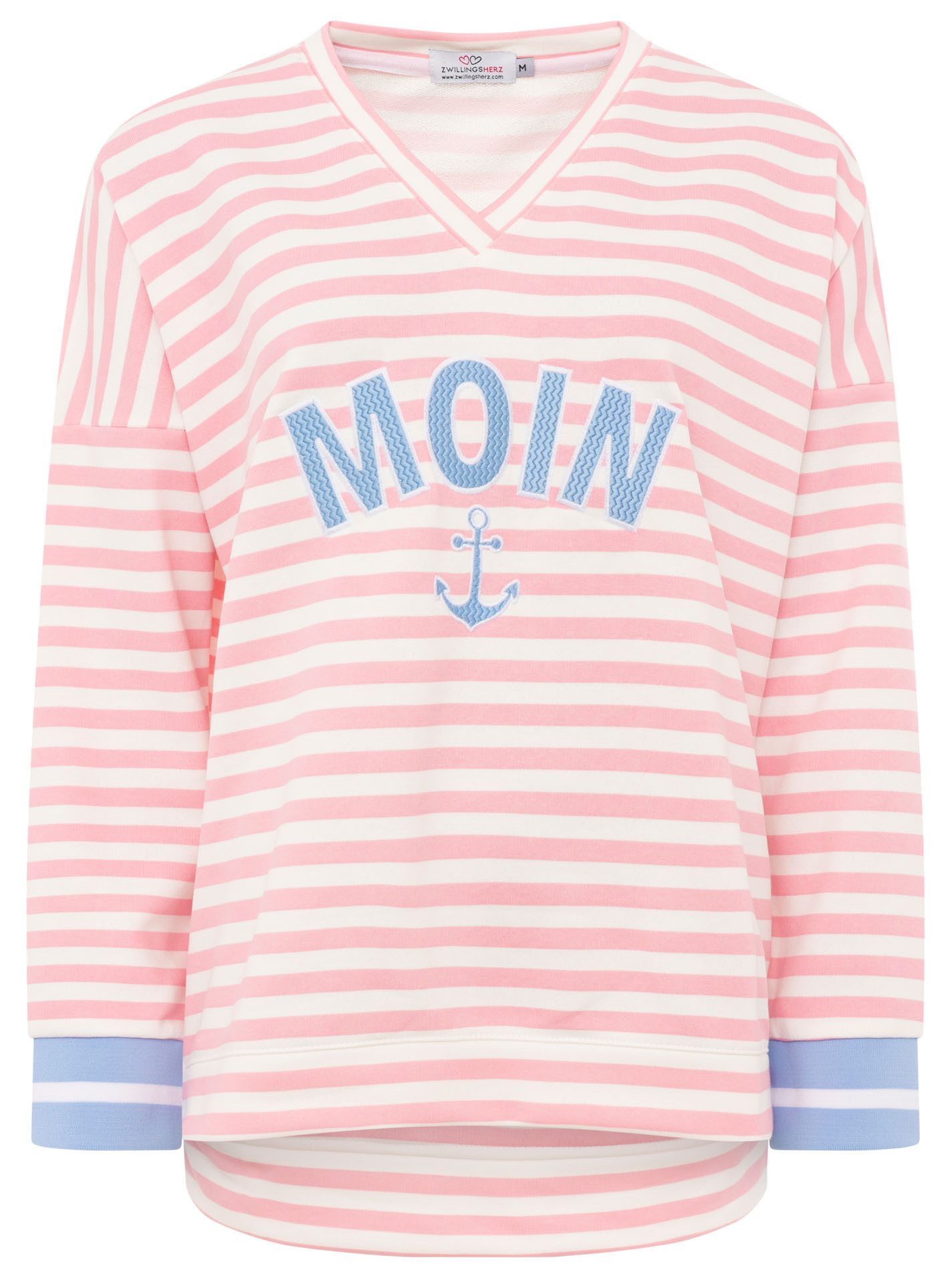 Zwillingsherz Hoodie "Streifen Moin" V-Neck, gestreift, Stickerei mit Anker, gestreifte Bündchen