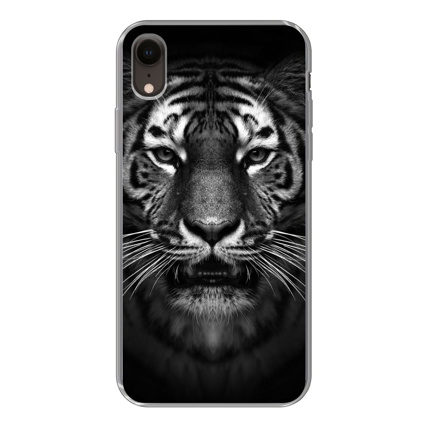MuchoWow Handyhülle für Apple iPhone XR Tiger - Tiere - Schwarz - Weiß - Porträt - Wild, Smartphone-Bumper, Print, Handy Schutzhülle Dünn