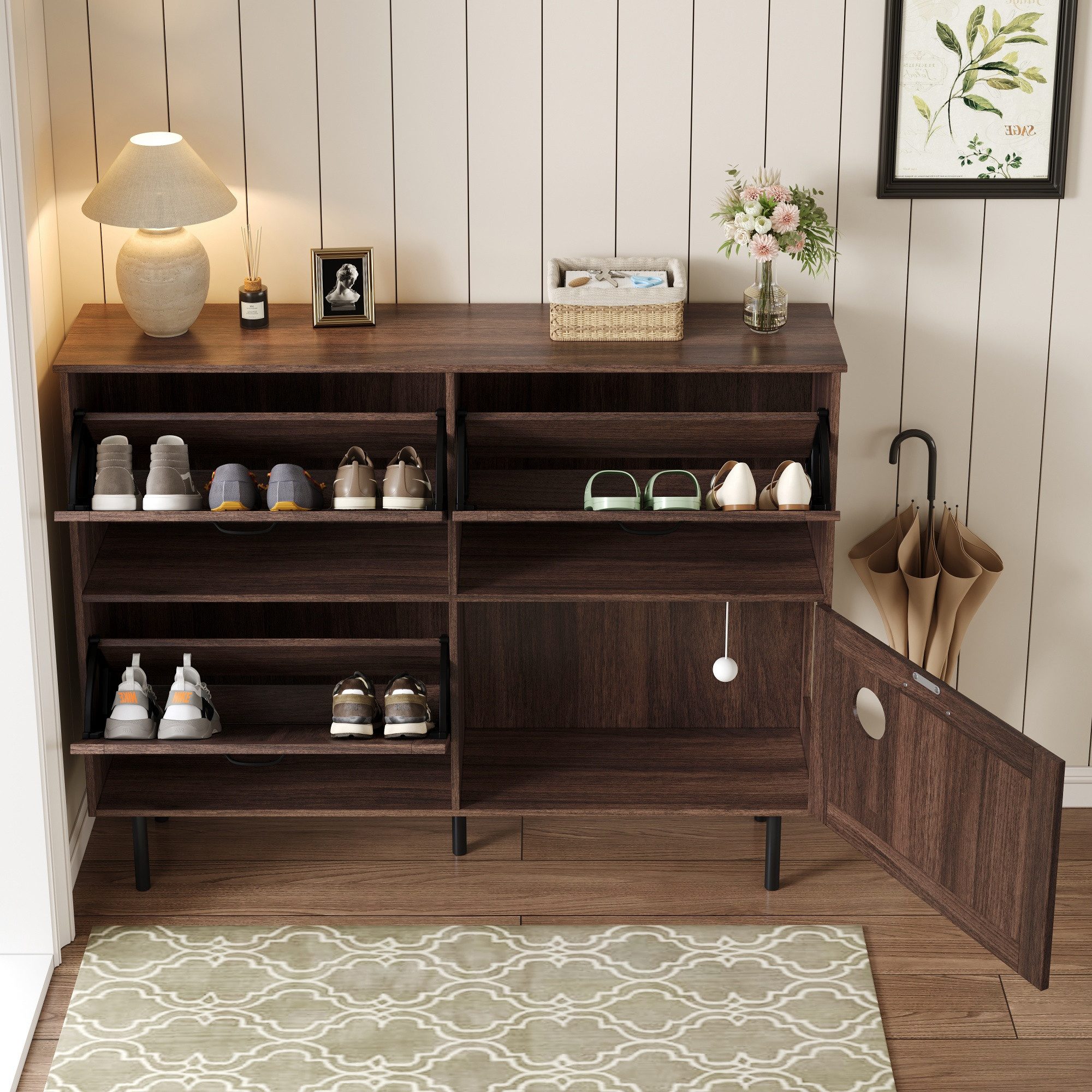 REDOM Schuhschrank mit integriertem Katzenspielzeug (Schuhkommode, 1-St., bietet Platz für 7–9 Paar Schuhe) mit 4 Türen & 3 Klappfächern