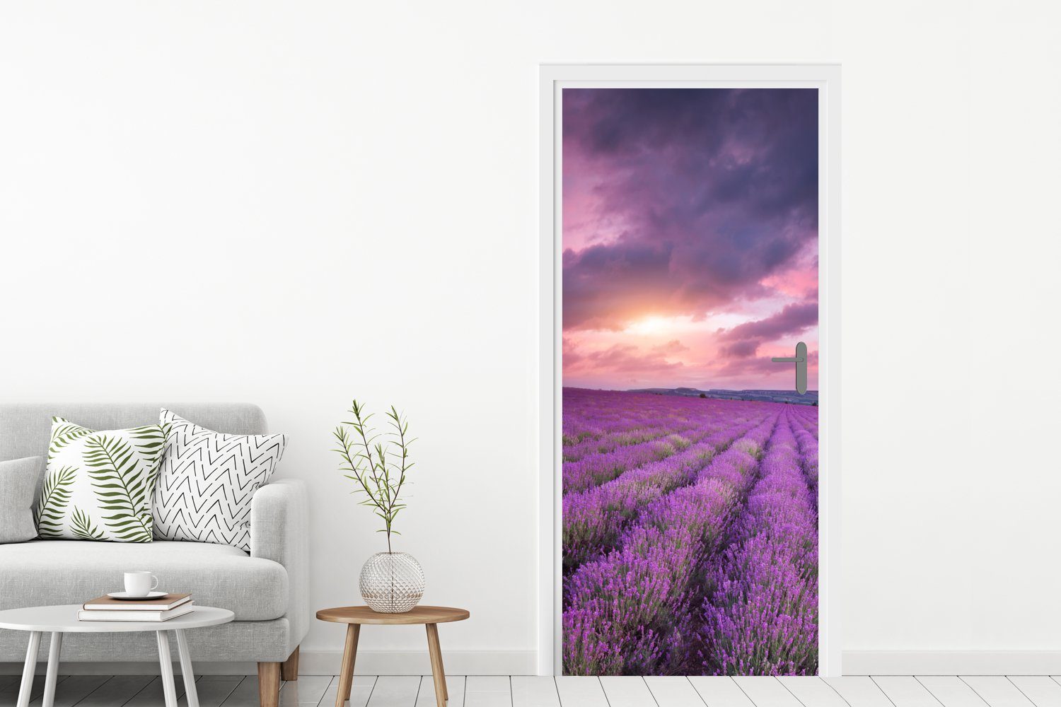 - Türtapete Lavendel - Tür, cm Fototapete MuchoWow Blumen, für Wolken - St), bedruckt, 75x205 Lila Türaufkleber, Matt, (1