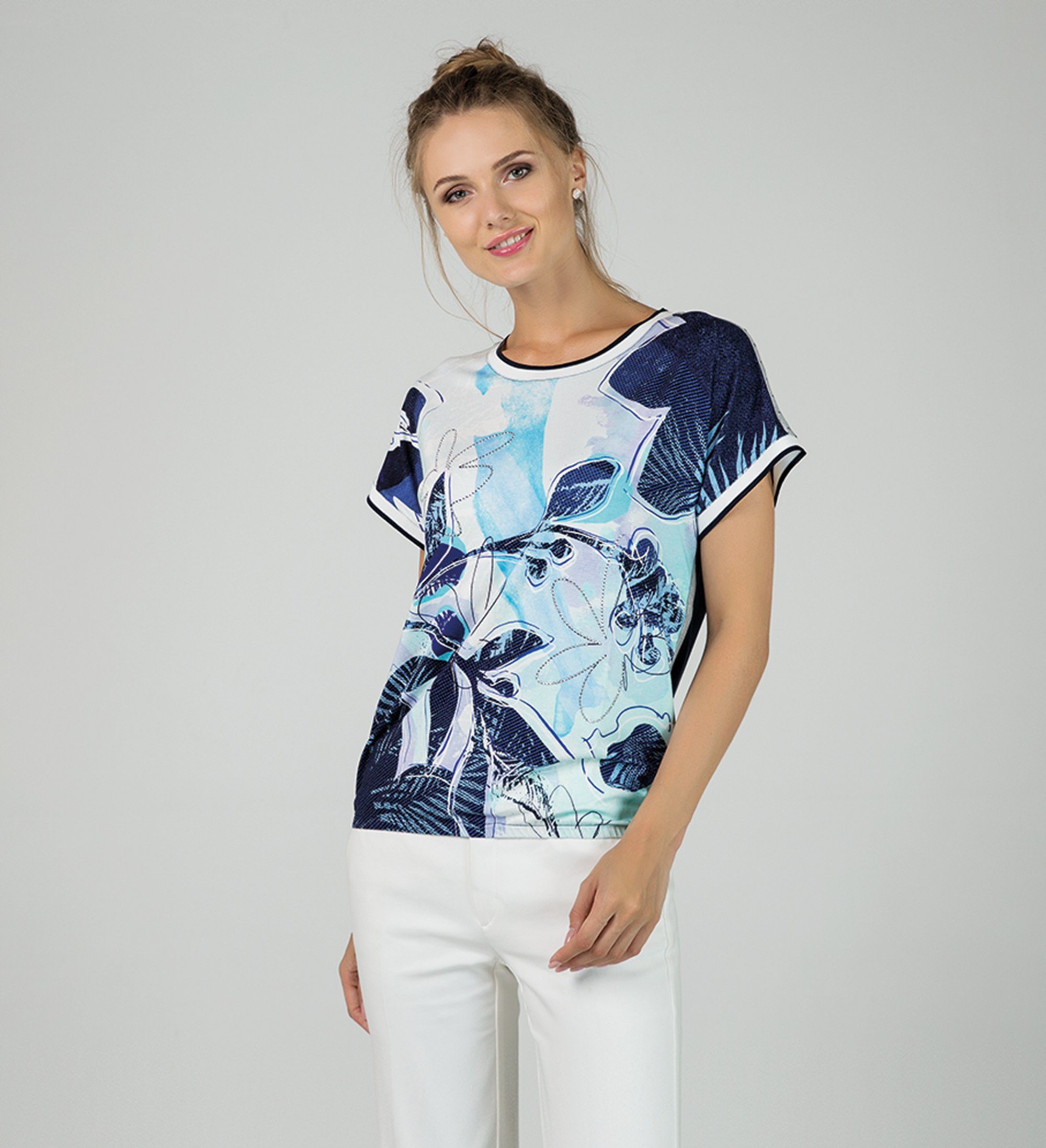 Passioni T-Shirt Bedrucktes T-Shirt in sommerlichen Blautönen Steindekoration, Hotfix, mit Print