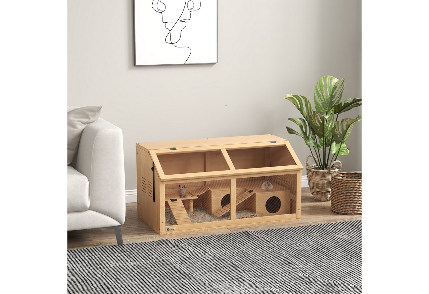 Thumbnail - PawHut Kleintierkäfig Hamsterkäfig aus Holz, mit Leitern, naturholz, LxBxH: 85x45x44 cm
