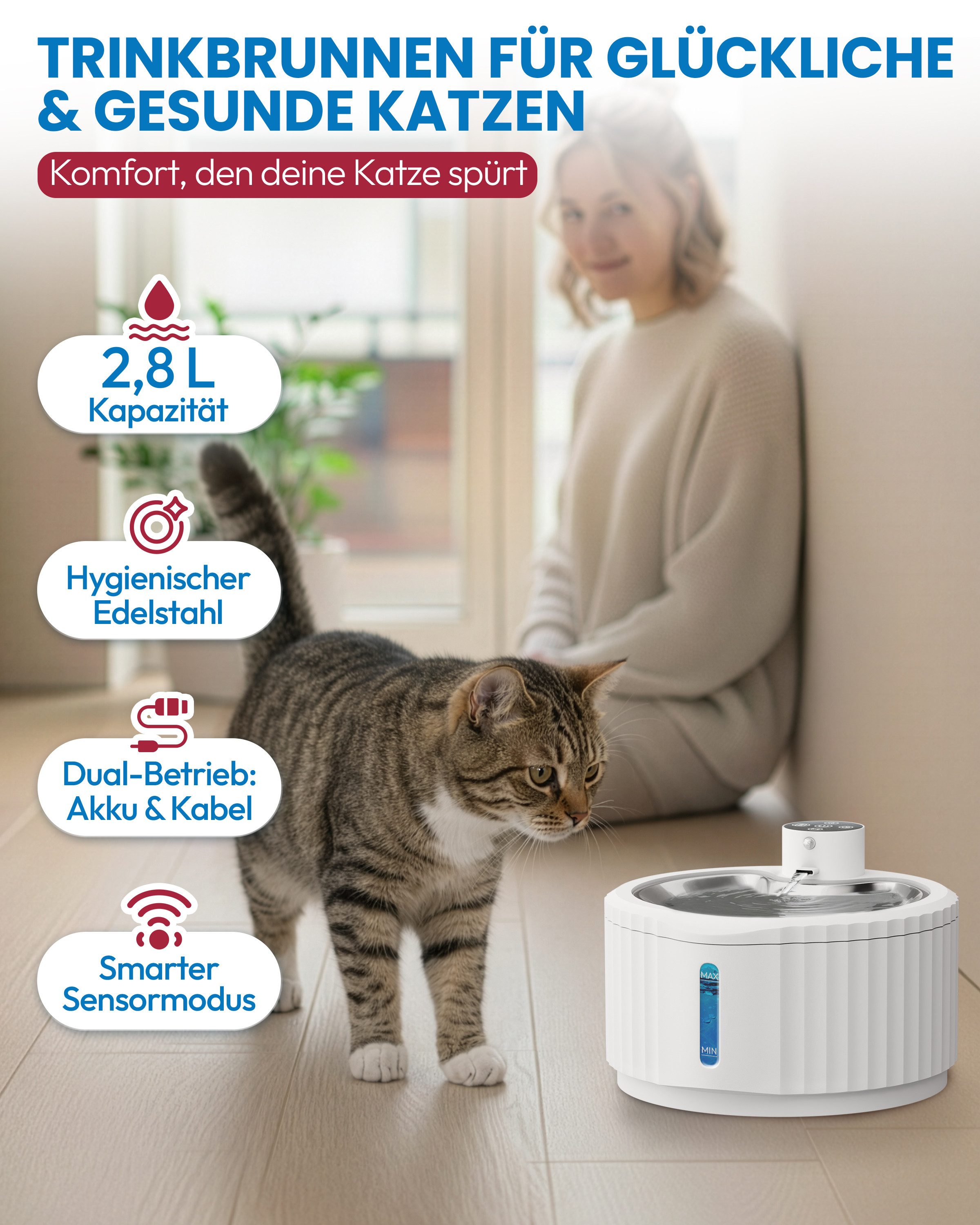 Miaura Trinkbrunnen für Katze, Katzenbrunnen mit Bewegungsmelder 2.8 l, 30 Tage Akkulaufzeit, Flüsterleise, 5-Schichtiges Filtersystem