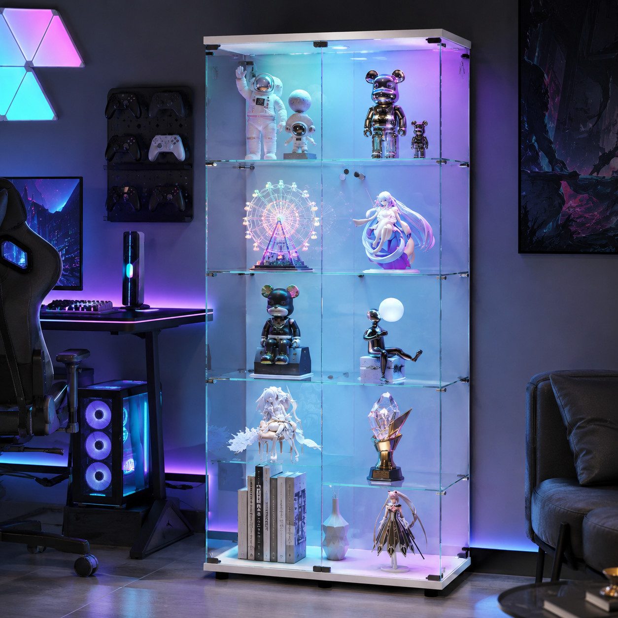 Simurq Glasvitrine glasvitrine,vitrinenschrank,vitrine mit LED,4 lagen sammlervitrine (Packung, Sammlervitrine Schauvitrine mit türen und Schloss, Gehärtetes Glas) LED-Streifenbeleuchtung; Mit Schloss