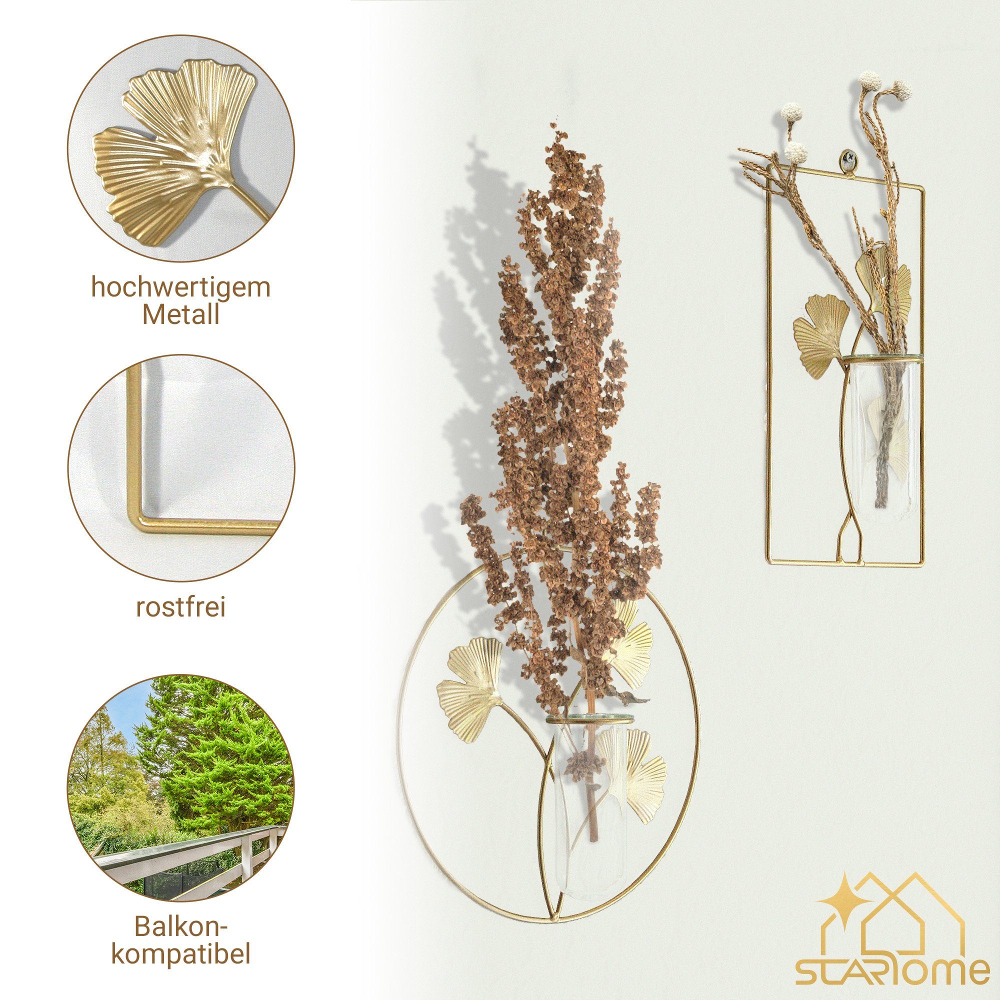 Starhome Wanddekoobjekt Orient 2er Set aus Metall und Glas. Metalldeko gold für Wand (2er Set, 2 Stück (je 1x Rechteck und Rund), Modern, Wandvase, Blumenampel, innen, Metall, vergoldet