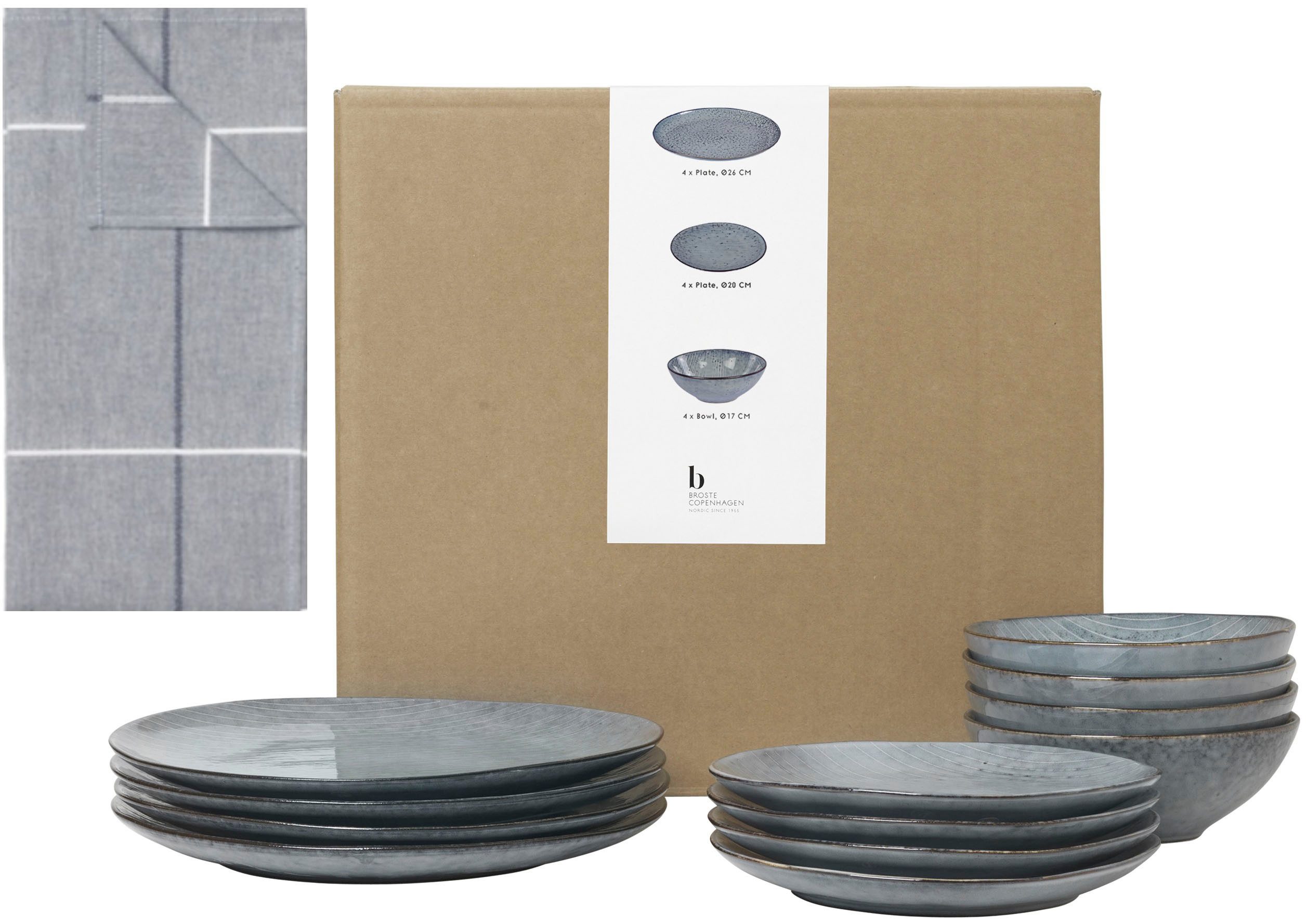 Broste Copenhagen Geschirr-Set Nordic Sea, inklusive Geschirrtuch Set (13-tlg), 4 Personen, Keramik, Beliebte Geschirr Sets Exclusiv mit Geschenk