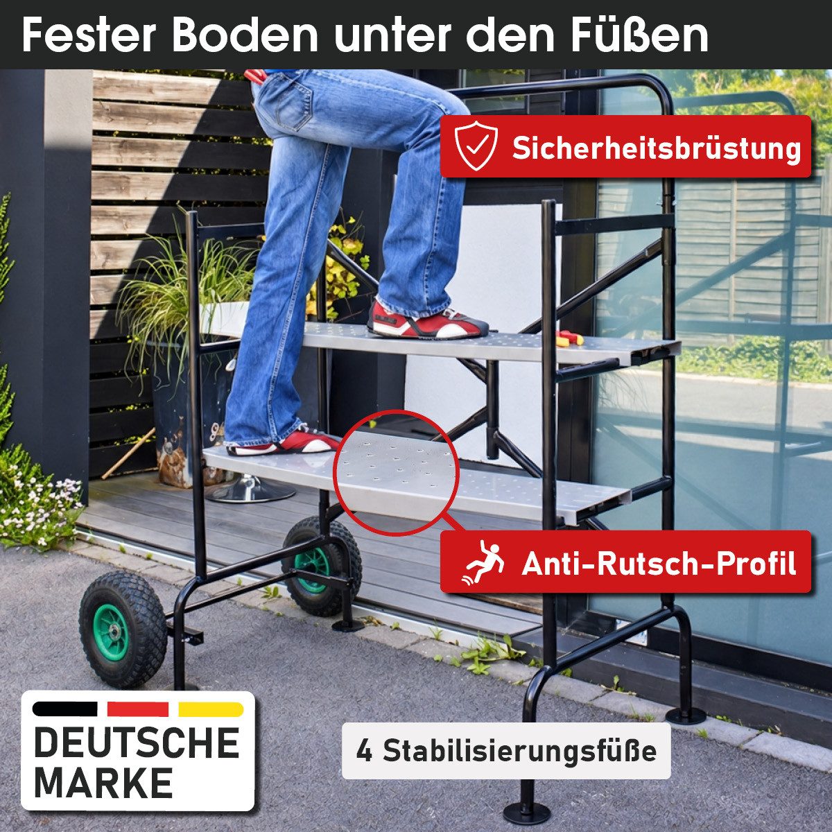 BRAST Arbeitsgerüst Mobil Rollgerüst Arbeitsbühne auf Rädern, 150kg Tragkraft, 2 Plattformen, 56/81cm Höhe, 4 Stabilisierungsfüße, Luftreifen – Bild 2 von 5