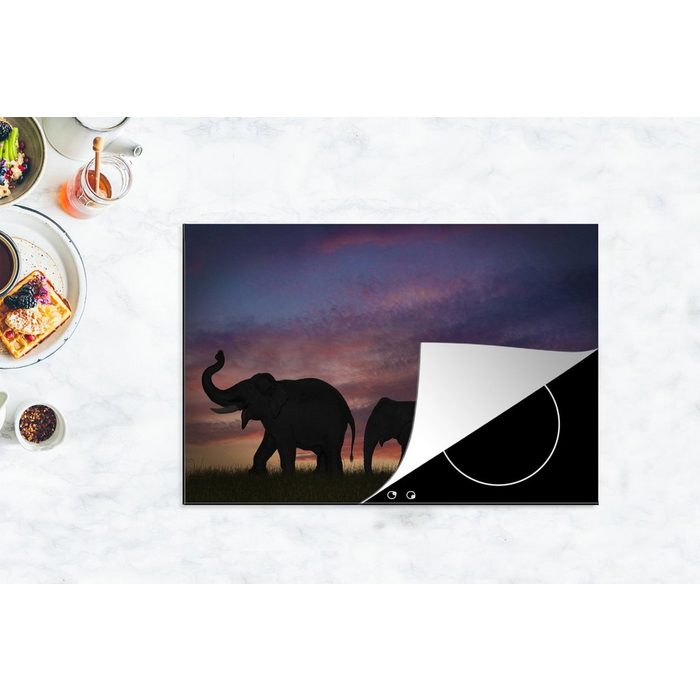 MuchoWow Herdblende-/Abdeckplatte Elefanten - Sonnenuntergang - Silhouette Vinyl (1 tlg) Ceranfeldabdeckung Arbeitsplatte für küche AV10543