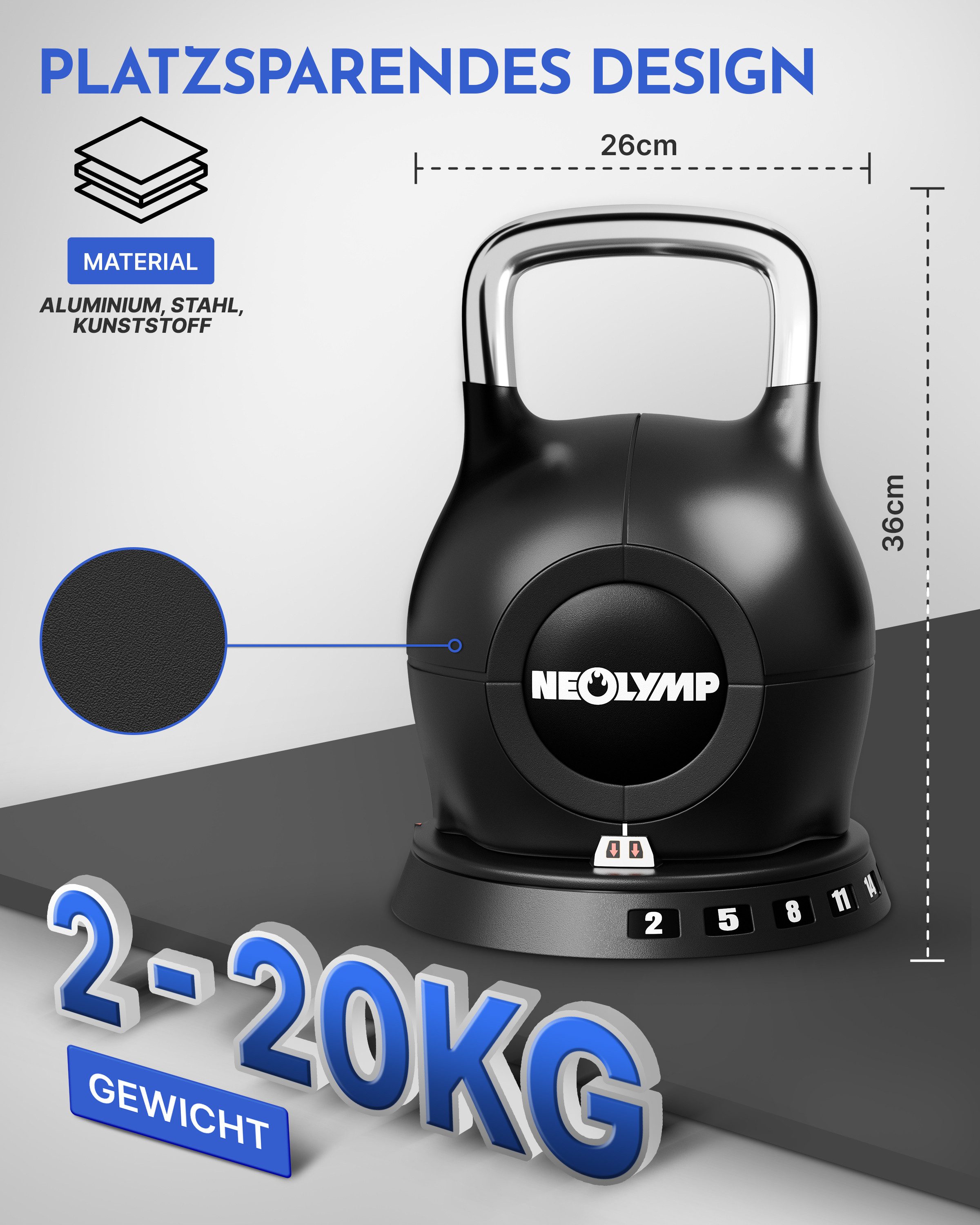 NEOLYMP Kettlebell Kettlebell Set 1,5-20 kg - 7-in-1 Kettlebell verstellbar - Kugelhantel, (7-in-1 Kettlebell verstellbar mit robustem Edelstahl-Handgriff)