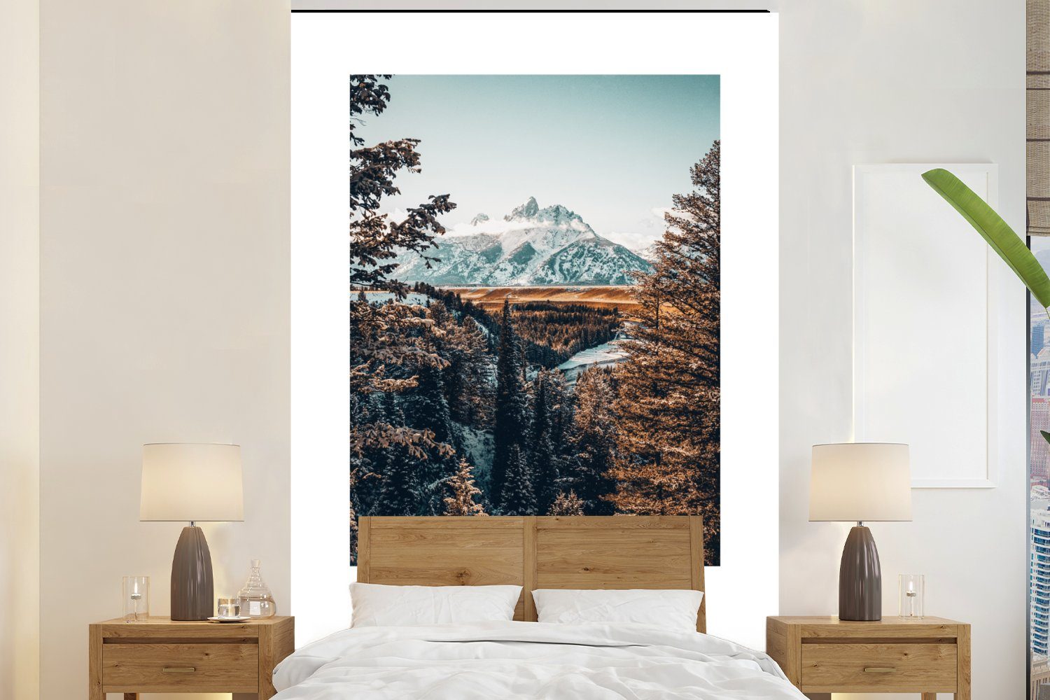 MuchoWow Fototapete Amerika - Herbst - Berge - Schnee, Matt, bedruckt, (3 St), Montagefertig Vinyl Tapete für Wohnzimmer, Wandtapete