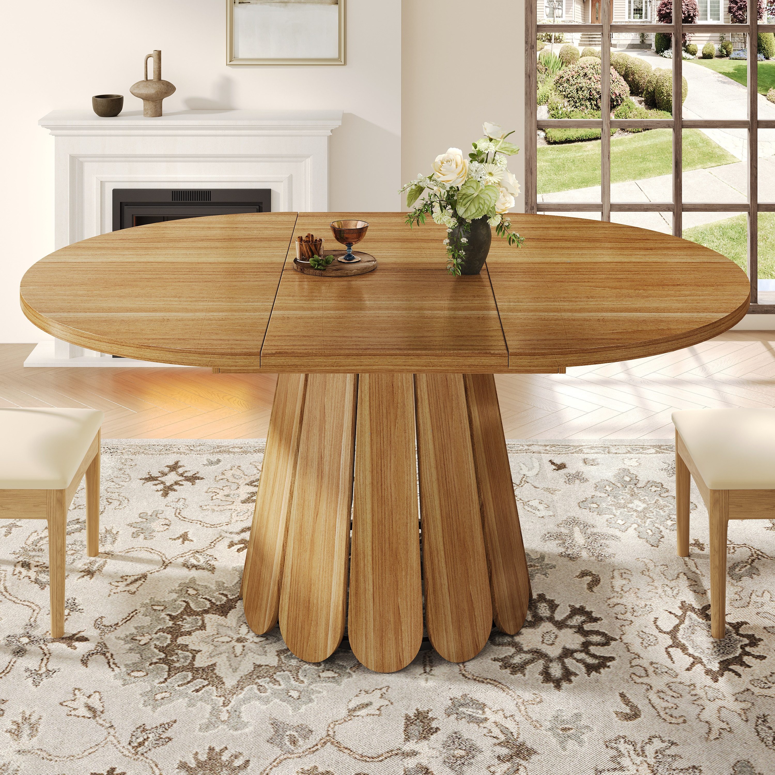 MODFU Esstisch Multifunktionaler Küchentisch (Ausziehbarer Esstisch aus Holz, Ø118-158 cm,vintage Design, ausziehbare Tischplatte mit Stauraum, 1-St)