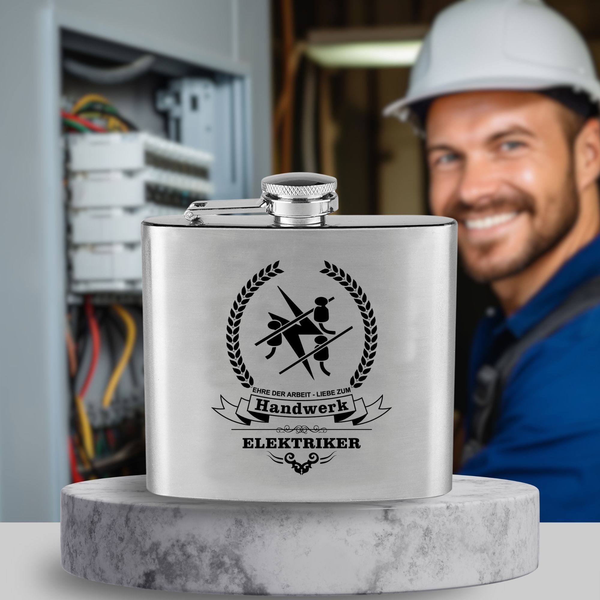 Lasernauten Flachmann Edelstahl Flachmann mit Gravur Elektriker Handwerk Zunft Trinkflasche, Edelstahl
