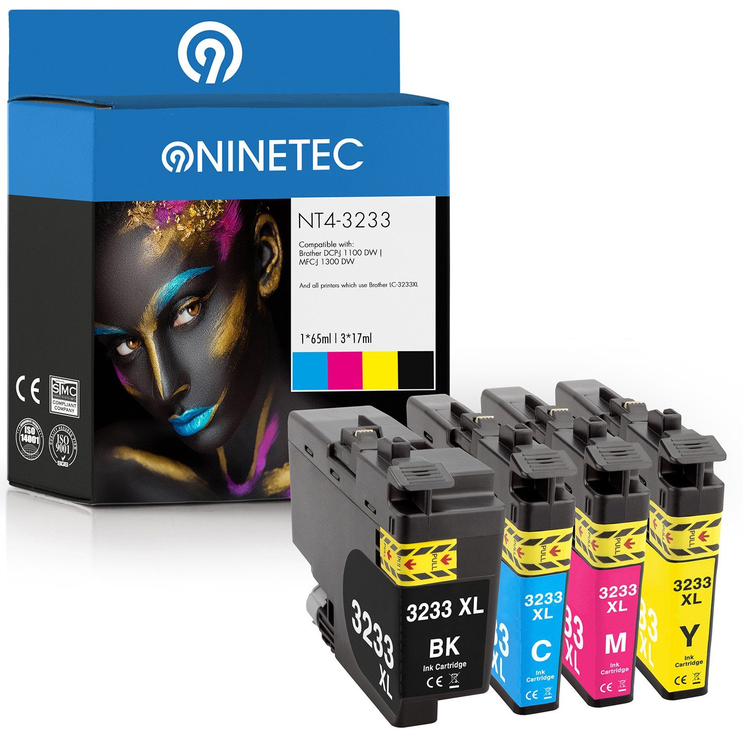 NINETEC 4er Set ersetzt Brother LC-3233 3233XL Tintenpatrone