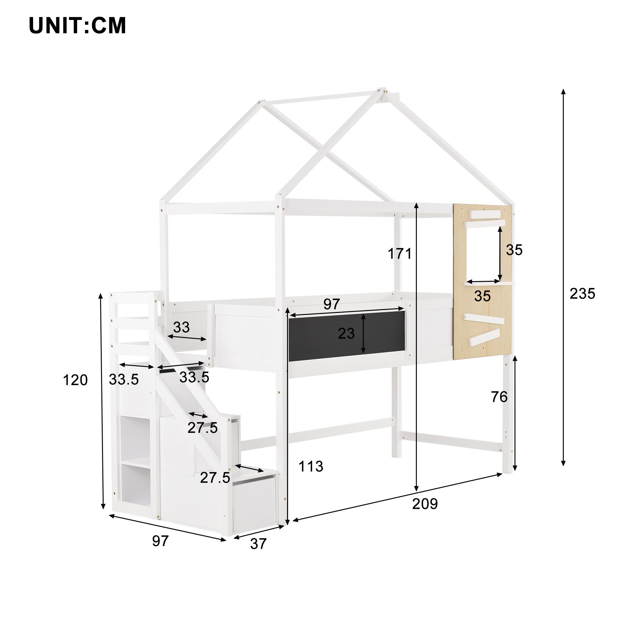 Schubladen Kinderbett mit Weißes (Packung, Treppe, Hausbett, 1 Bett), 1 3 Etagenbett 1 Ulife Tafel Liegefläche & Mit