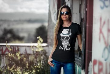 MoonWorks Print-Shirt Damen T-Shirt Aufdruck Totenkopf Filzhut Bayern Skull Blume Servus Schriftzug Fun-Shirt Frauen Moonworks® mit Print