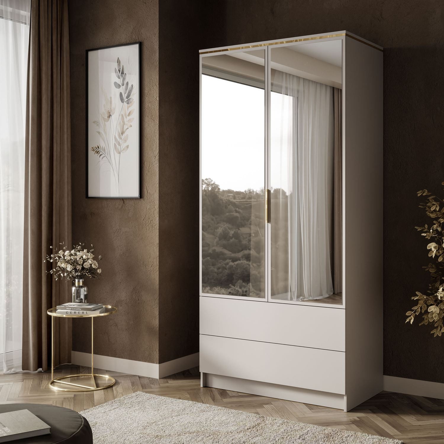 Lookway Kleiderschrank AURORA KASCHMIR 2D2S mit Spiegel Drehtürenschrank mit Schubladen (Kleiderschrank mit stilvoller Umrandung in Goldoptik) 100x213x57 cm