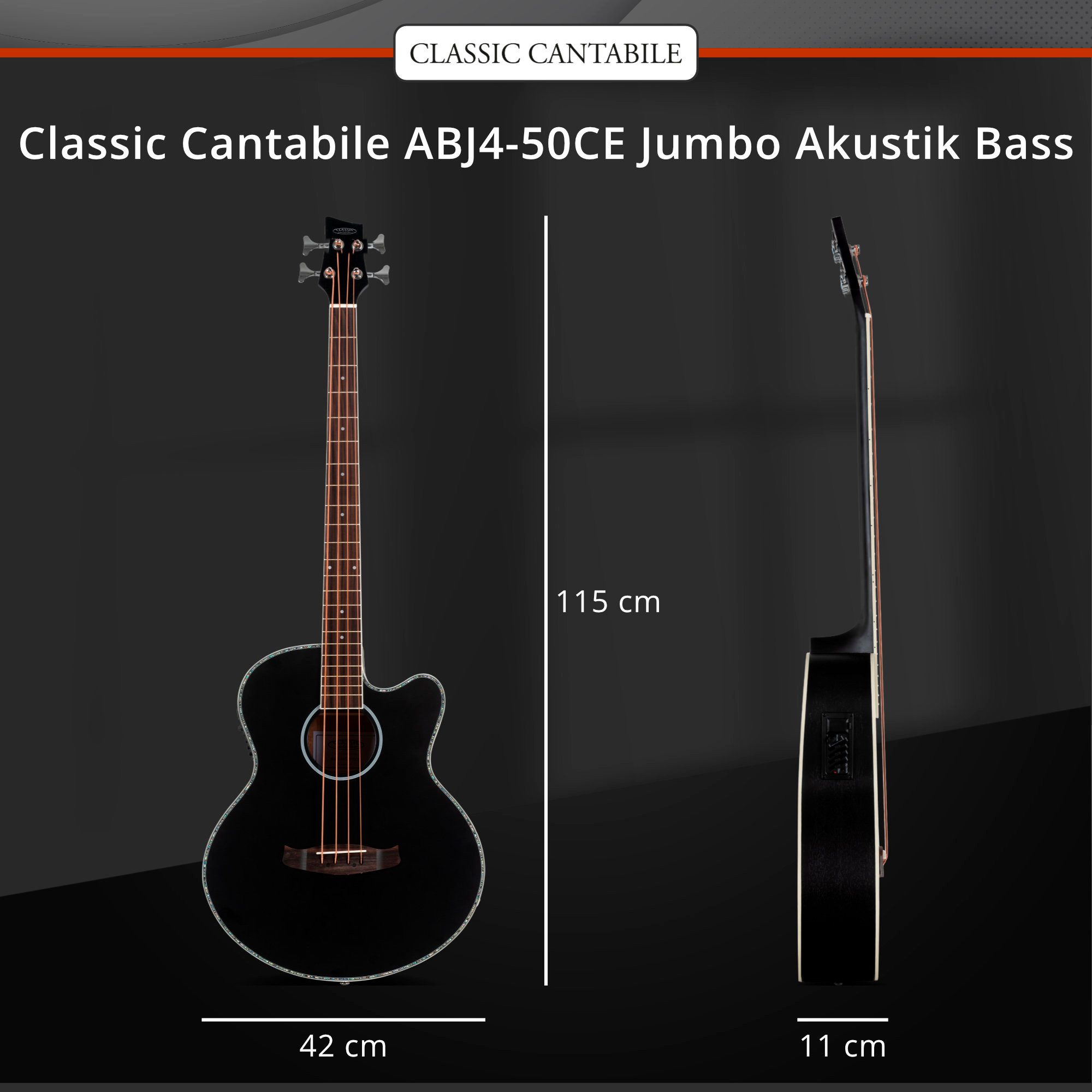Classic Cantabile Akustik-Bass ABJ4-50CE Jumbo Akustik Bass - mit Tonabnehmer, Jumbo mit Cutaway, Medium Scale-Akustikbass mit Tonabnehmer