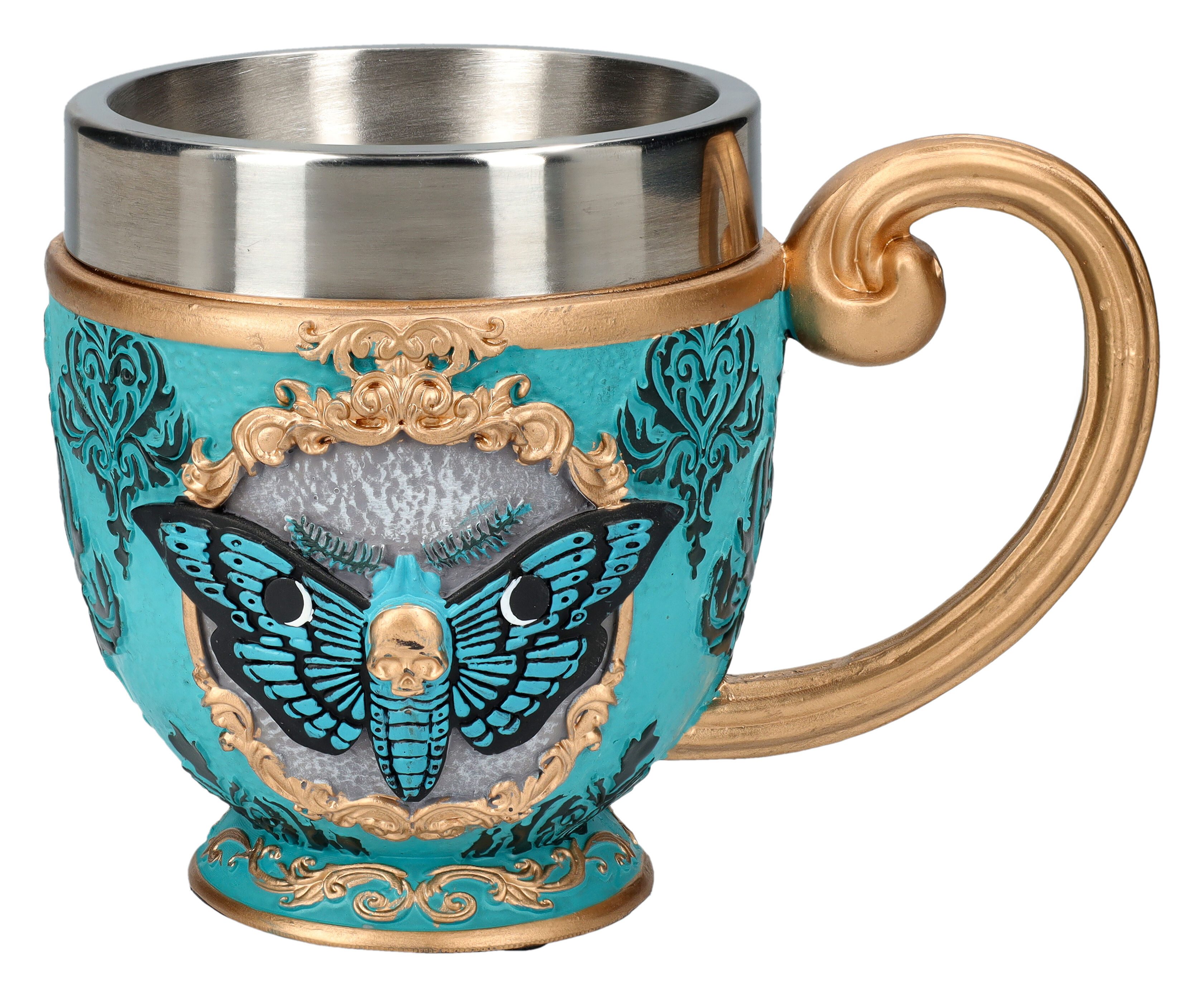 Figuren Shop GmbH Tasse Teetasse - Mystische Motte - Tierfigur Falter Kaffeetasse Dekoration, Kunststein (Polyresin), Edelstahl