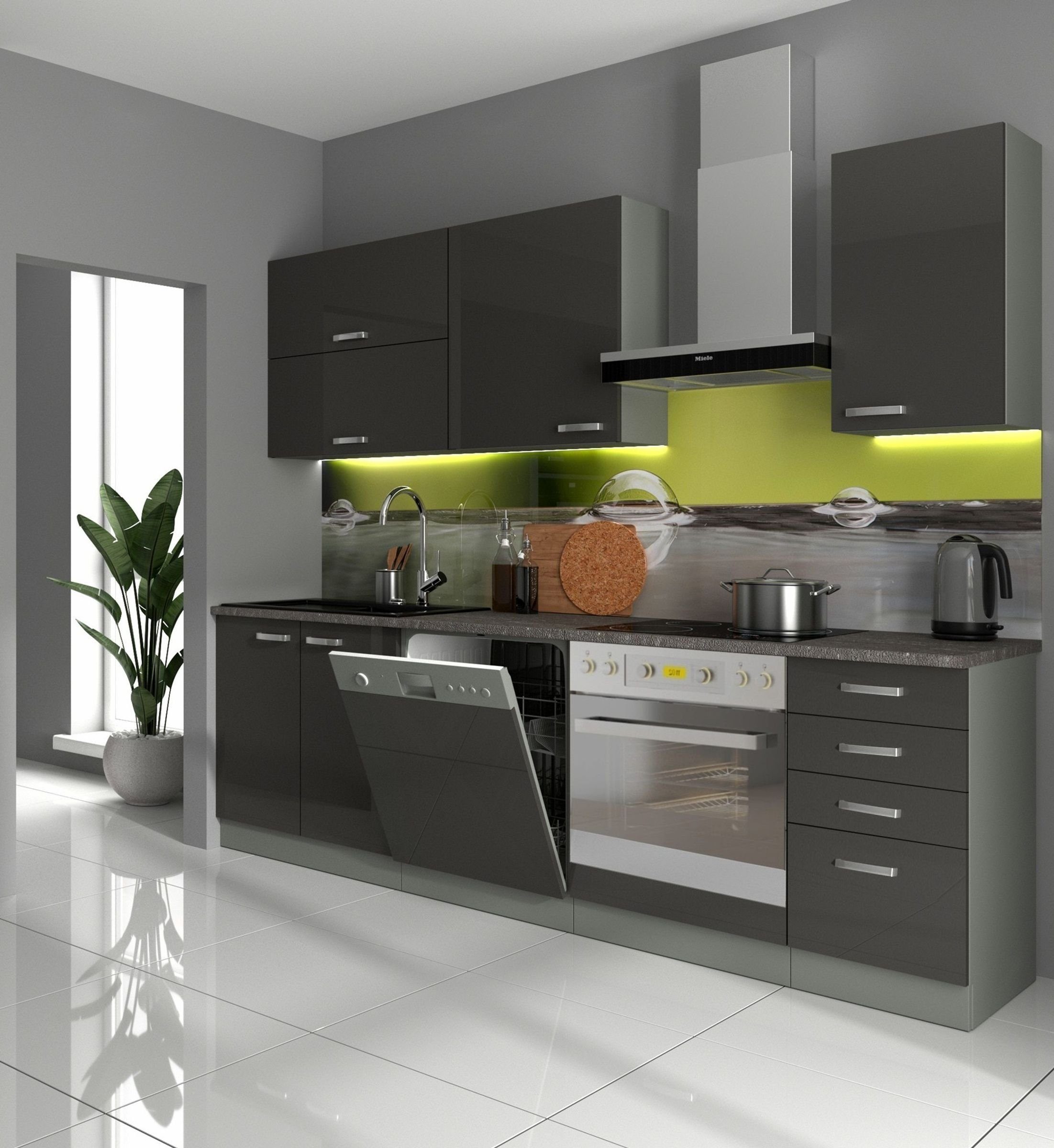 Küchen-Preisbombe Küchenzeile Bianca Basic II 240 cm Hochglanz Grau Küchenb günstig online kaufen