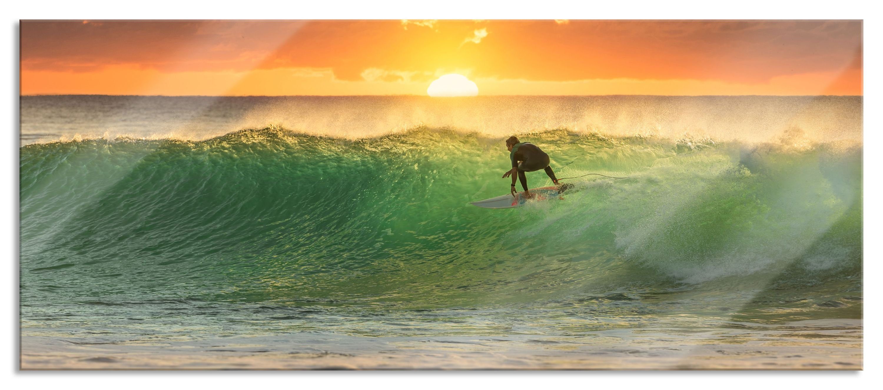 Glasbild Surfen im Sonnenuntergang
