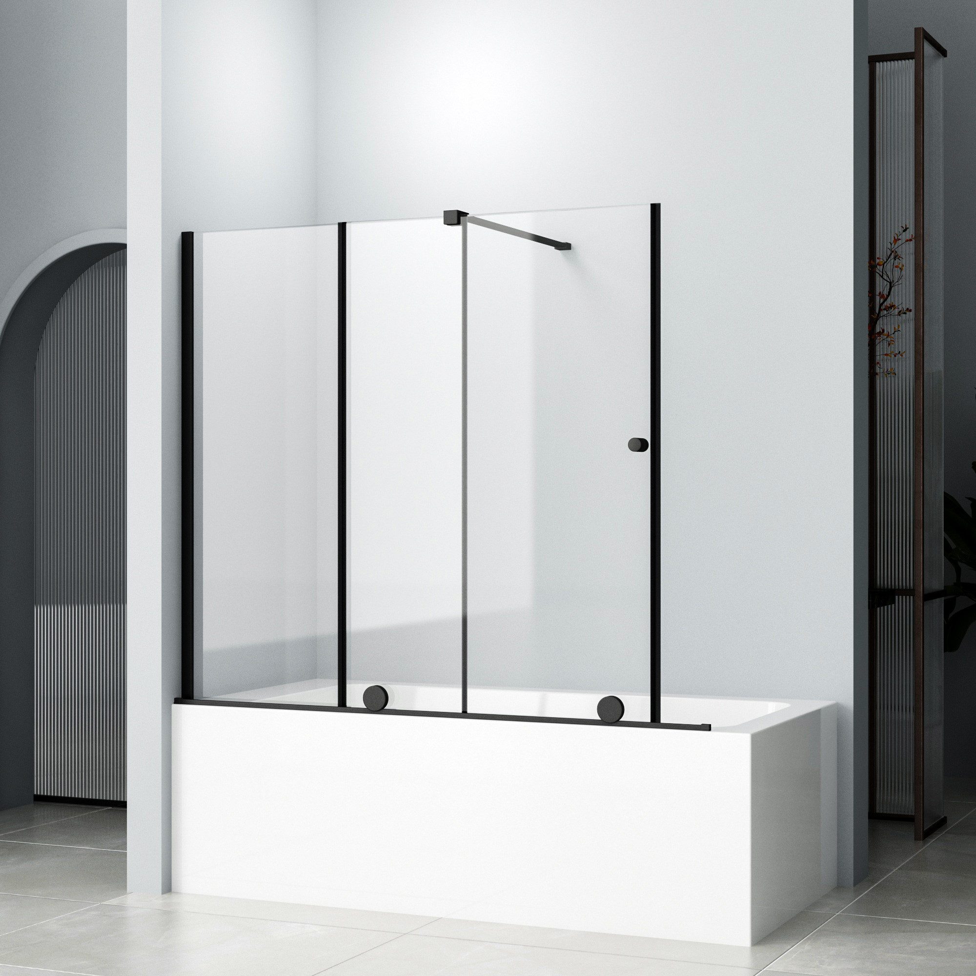 Hopibath Duschwand für Badewanne Schwarz Badewannenaufsatz Schiebetür mit Haltestangen, 6mm Sicherheitsglas, (Duschtrennwand Badewanne Rahmenlos, (70-125) x 120cm), Rechts-und Links montierbar