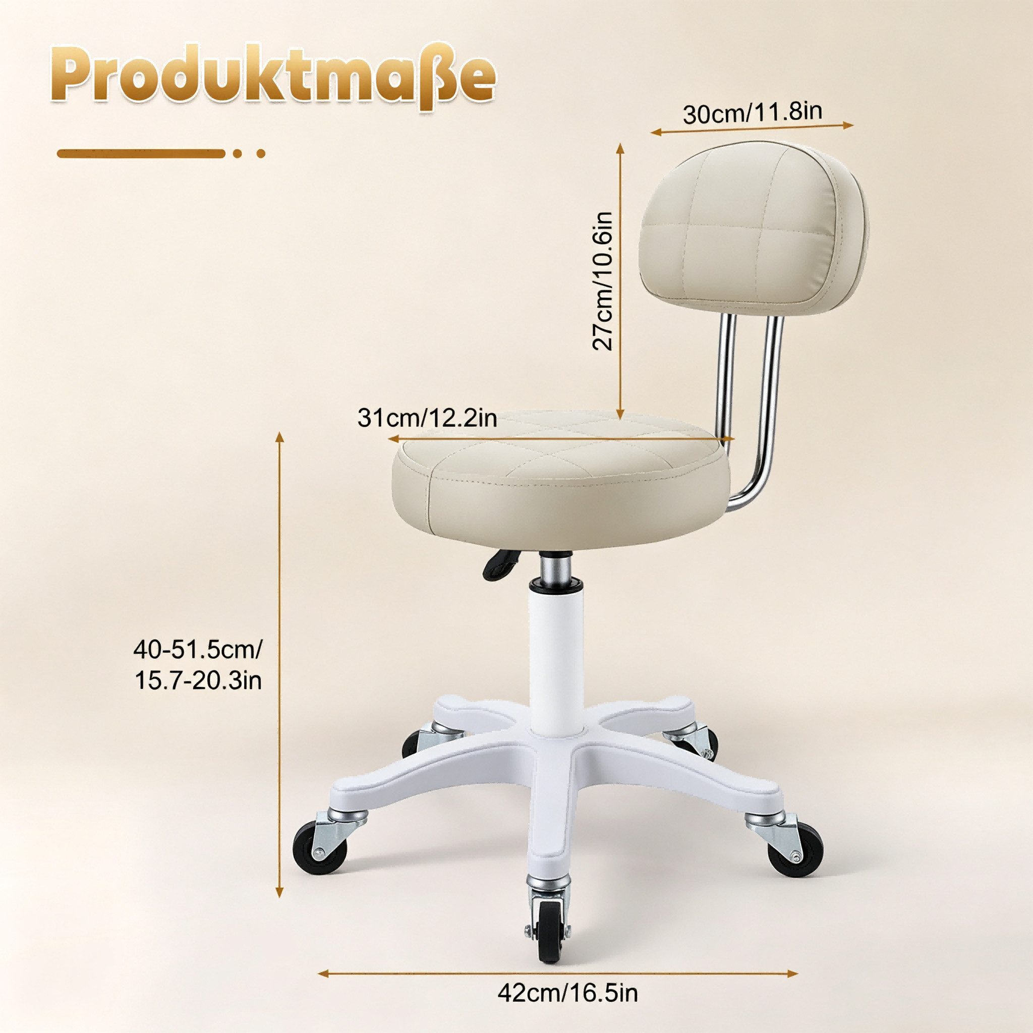 Rutaqian Drehstuhl Schminkstuhl mit Rückenlehne, höhenverstellbarer Drehstuhl mit Rollen, Bequemer Kosmetikstuhl aus Kunstleder für Büro, Schlafzimmer und Salon