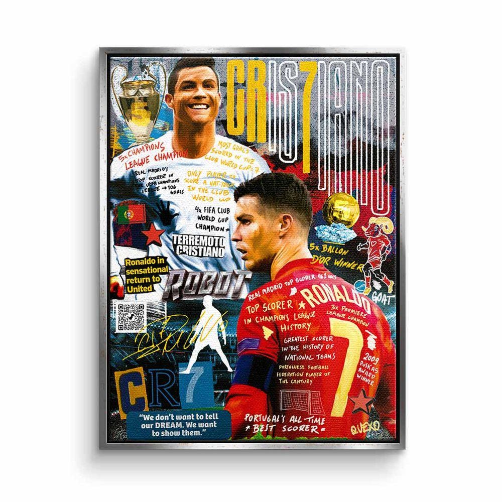 DOTCOMCANVAS® Leinwandbild, Leinwandbild Cristiano Ronaldo CR7 Pop Art Collage DOTCOMCANVAS silberner Rahmen