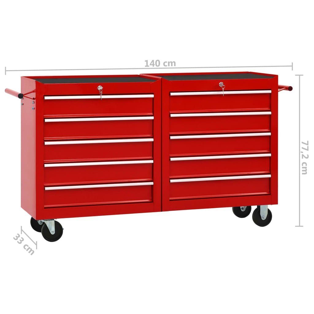 vidaXL Werkzeugbox Werkzeugwagen mit (1 St) Schubladen Rot 10 Stahl