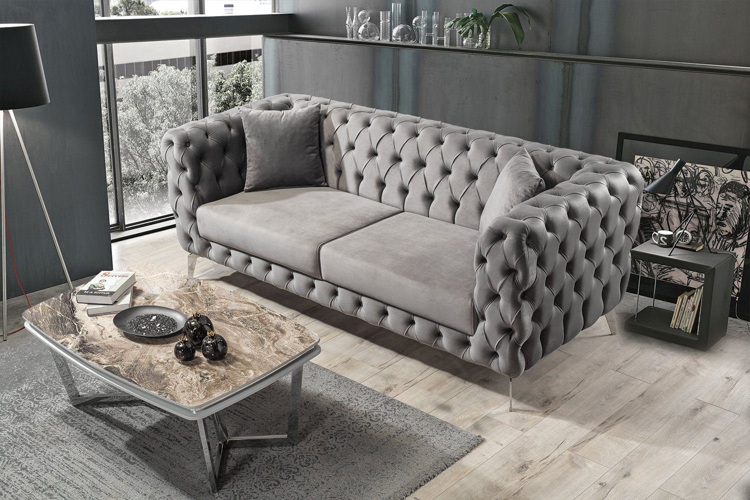 Villa Möbel Sofa Rich, 3-Sitzer, in pflegeleichter Stk. Quality Made Mikrofasersamtstoff Turkey, 1