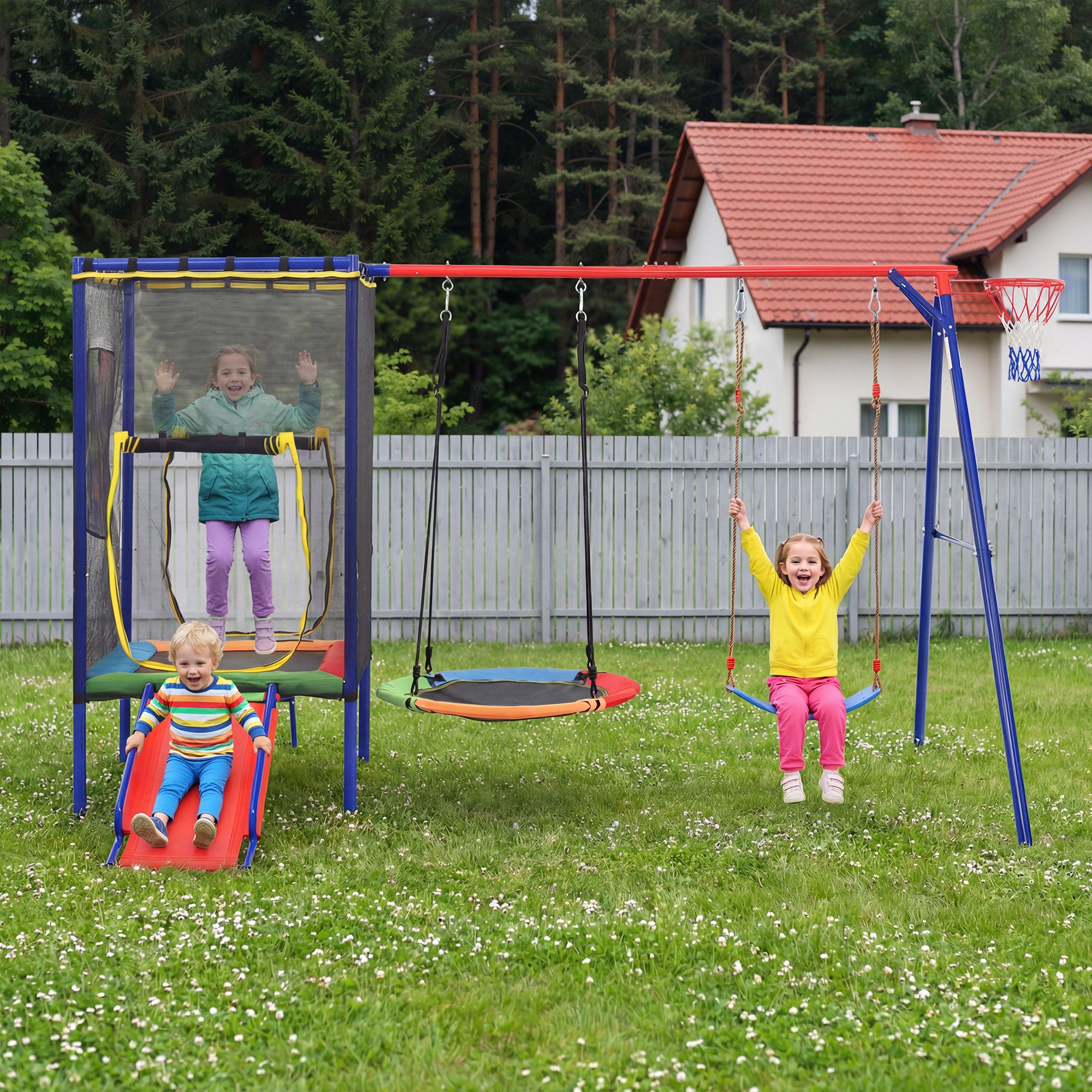 Merax Spielzeug-Gartenset Spielturm Kinder Spielplatz mit Sicherheitsnetz Nestschaukel, 5-in-1 Spielgerät mit Trampolin Rutsche Doppelschaukel Basketballkorb