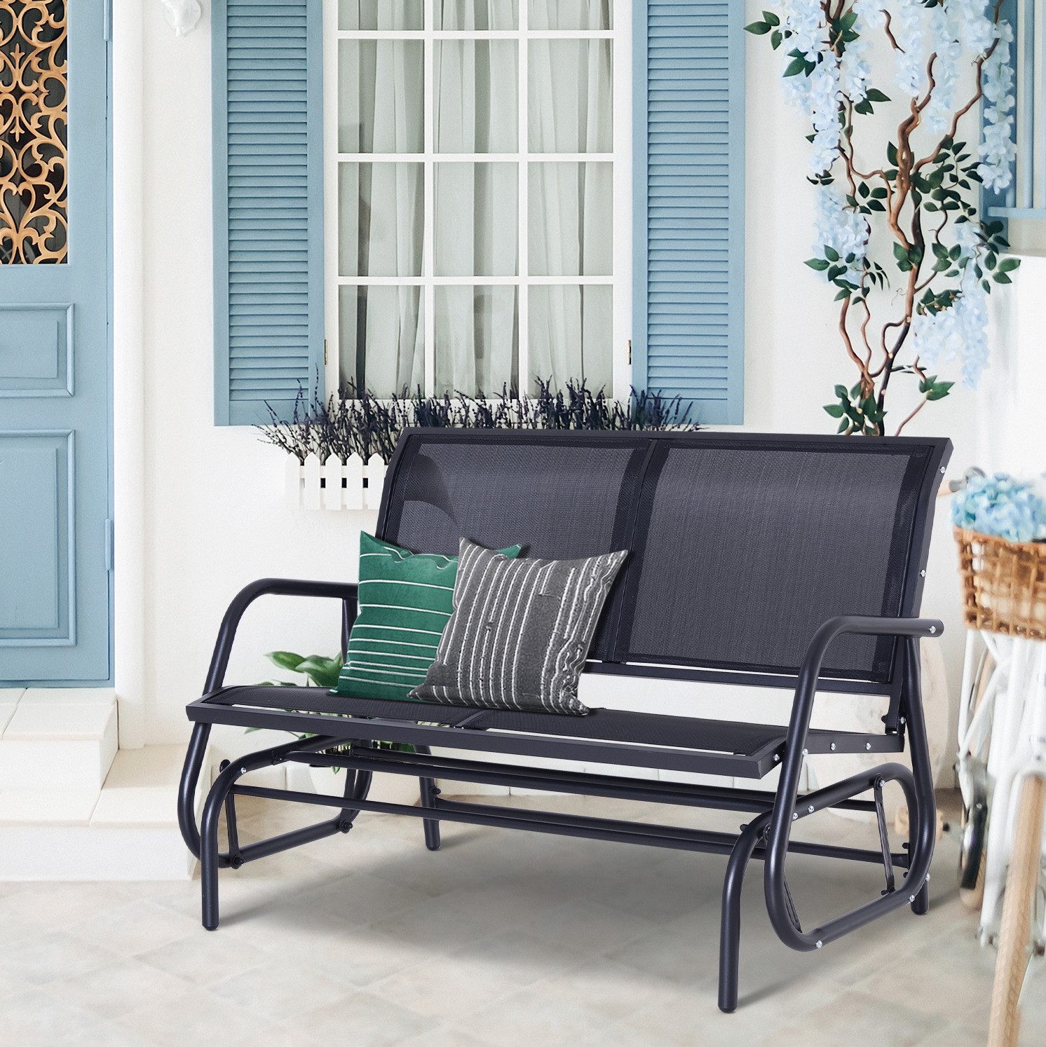 OKWISH Schaukelstuhl Parkbank Gartenmöbel für Terrasse & Outdoor Bereich, modern Design (Schaukelstuhl 2-Sitzer Gartenbank 120x70x88 cm Schwarz Metall, 1 St), Gartenschaukel Sitzbank für 2 Personen, stabile Metallkonstruktion