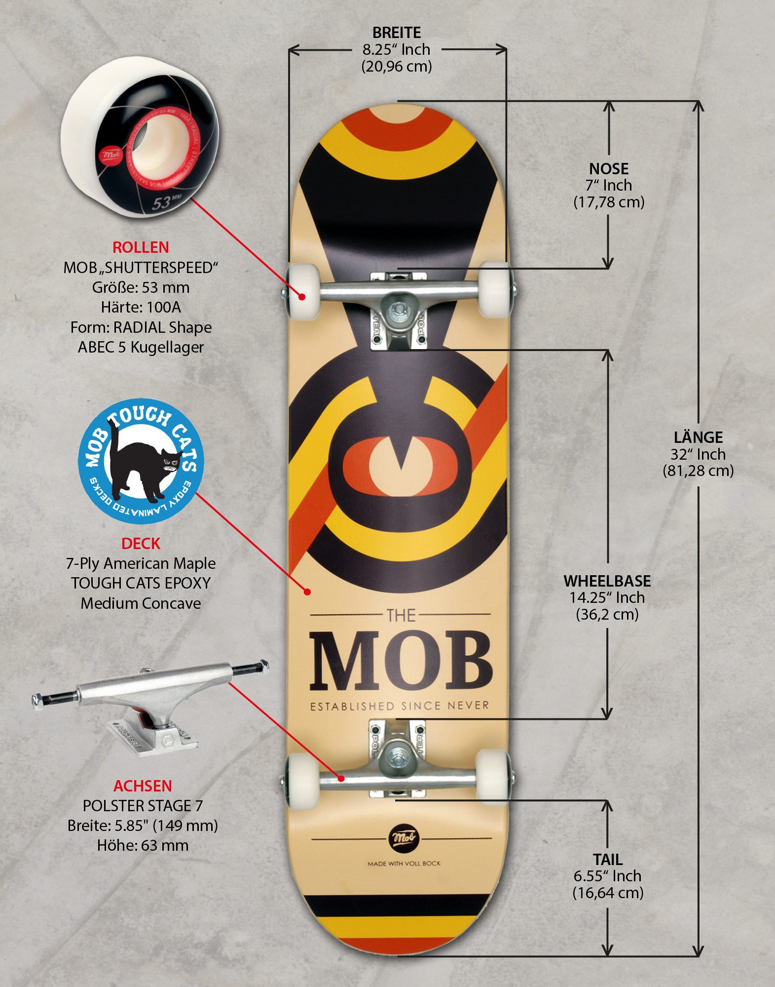 Mob Skateboards Skateboard Eyechart 8.25 Complete - Komplettboard 32 x 8.25 Zoll (fertig montiert -, 1-St., Auge - Beige, Schwarz, Gelb und Orange), Holzboard aus Ahornholz - Skateboard für Jugendliche, Erwachsene