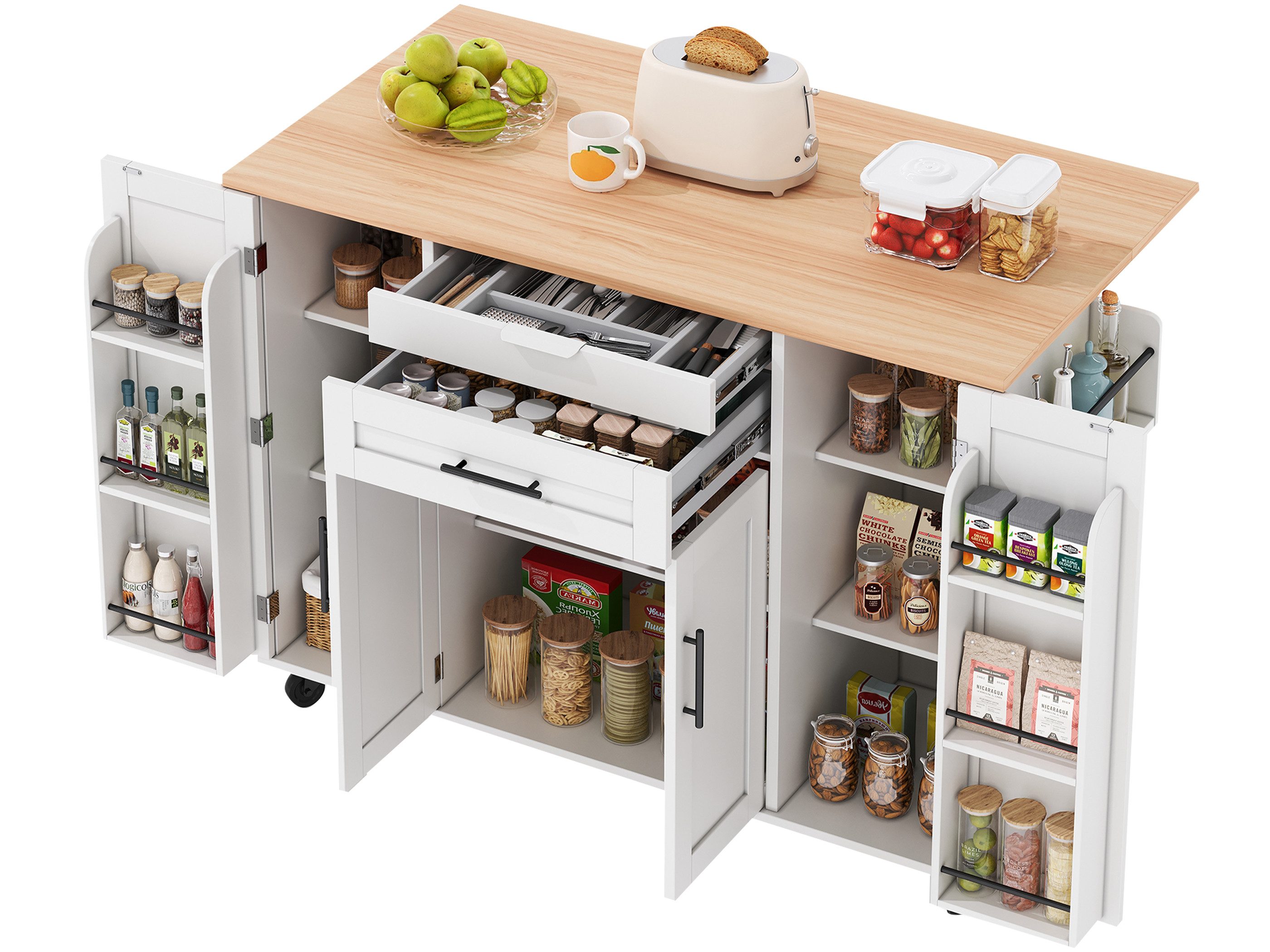 SeedWave Kücheninsel auf Rollen, mit Klappbarer Tischplatte, Besteckschublade, Staufächern, 1 Gewürzboard & Handtuchhalter, 3 höhenverstellbare Einlegeböden