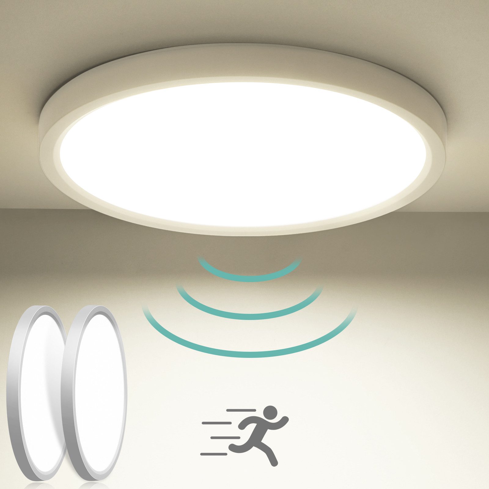 Oraymin LED Deckenleuchte mit Bewegungsmelder Innen, 18W LED Deckenleuchte Radar Bewegungssensor, 2PCS Bewegungsmelder, LED fest integriert, 4000K Neutralweiß, Rund Licht für Flur Treppe Küche Balkon Abstellraum Keller 23×2,4cm