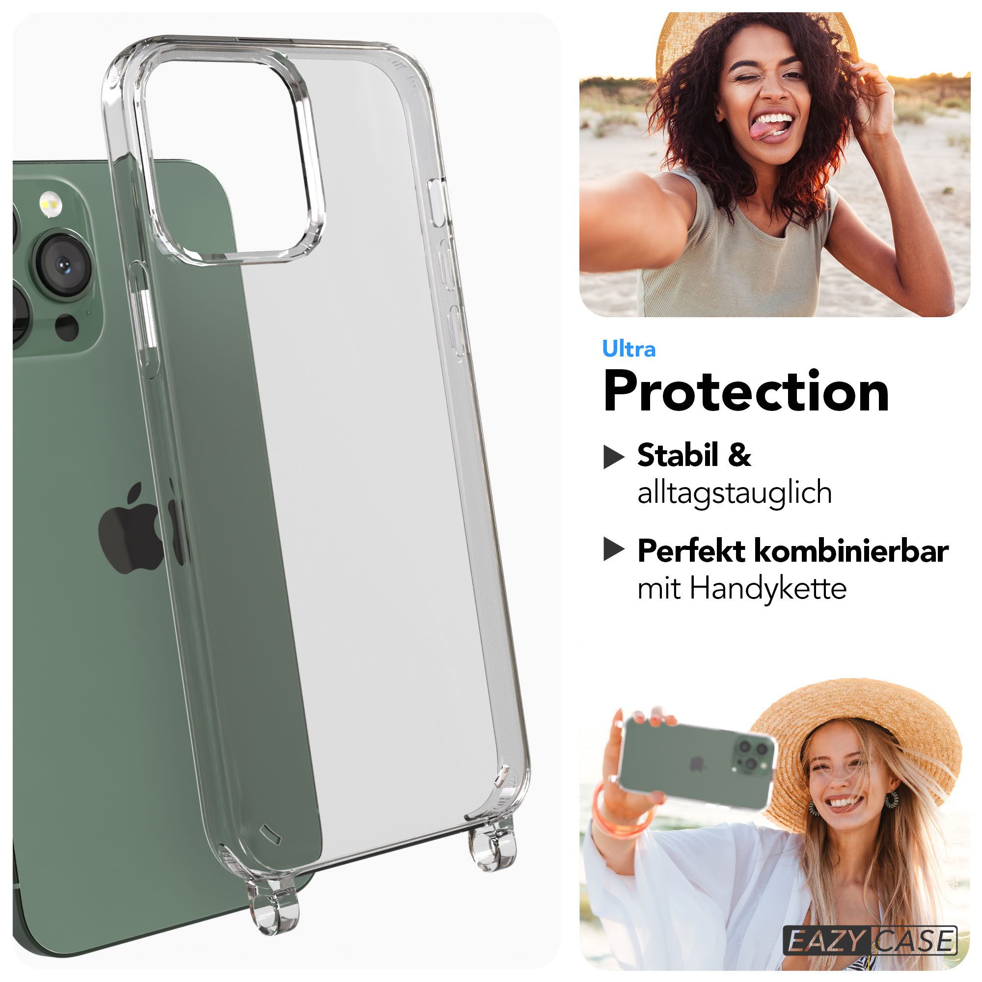 EAZY CASE Handykette Handyhülle für Handyketten mit Befestigungsösen für iPhone Modelle 6,7 Zoll, Hülle für Handykette, Transparent mit Ösen für Apple iPhone 13 Pro Max